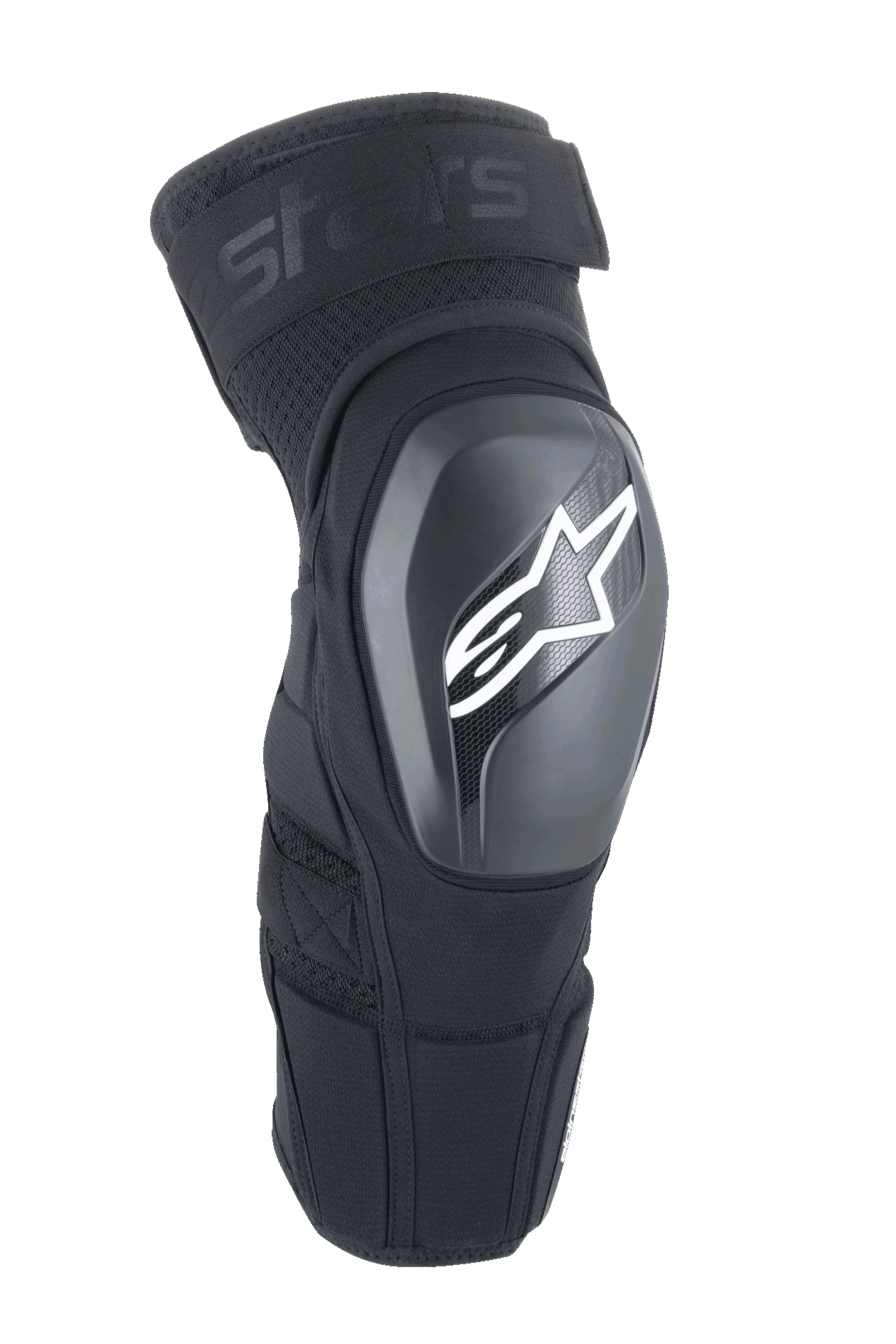 Alpinestars A-Impact Plasma Elite Shield knæbeskyttere, sort med hvidt stjerne-logo, hård ydre TPU-skal, mesh-stof med justerbar rem foroven, forbuet ergonomisk design, MTB- og off-road-beskyttelse