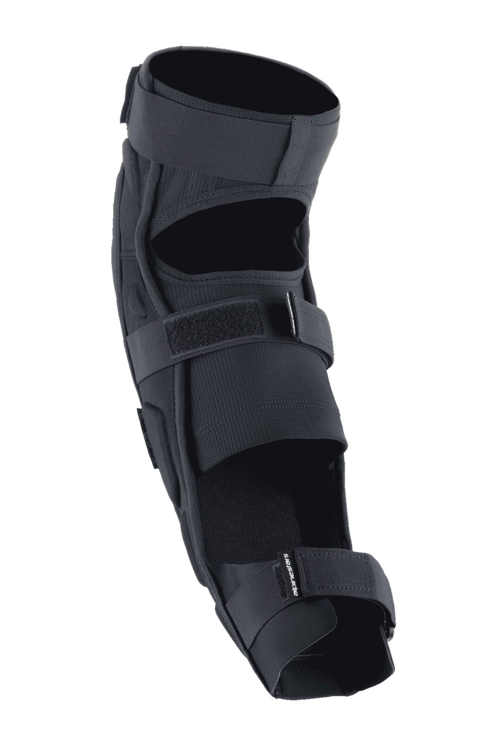 Alpinestars A-Impact Plasma Pro knæ-/skinnebensbeskytter, sort, set bagfra med tredobbelt strop-lukkesystem, åndbare mesh-paneler og ergonomisk forbøjet design til beskyttelse ved off-road cykling