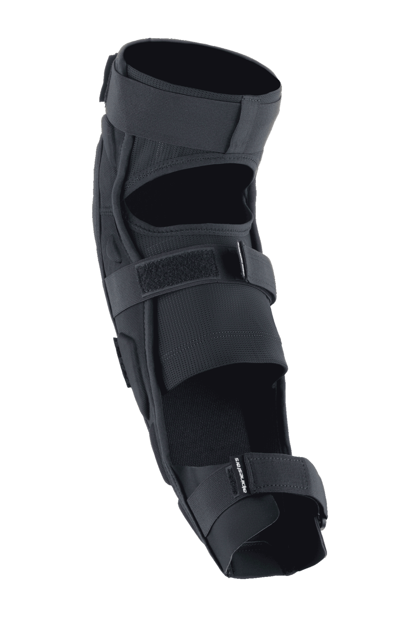 Alpinestars A-Impact Plasma Pro knæ-/skinnebensbeskytter, sort, set bagfra med tredobbelt strop-lukkesystem, åndbare mesh-paneler og ergonomisk forbøjet design til beskyttelse ved off-road cykling