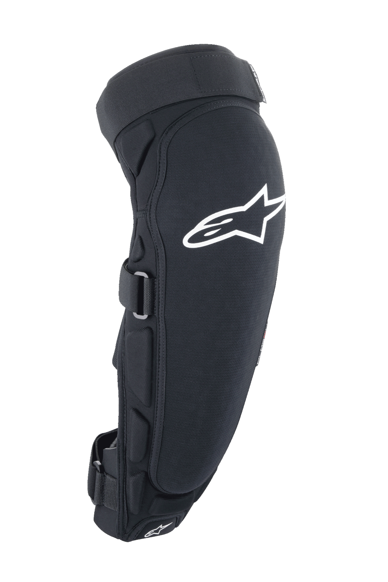 Alpinestars A-Impact Plasma Pro knæ-/skinnebensbeskytter, sort og hvid, set fra siden med stort hvidt Astar-logo, lateral polstring og sikkert stroplukkesystem, beskyttelse til terrænkørsel
