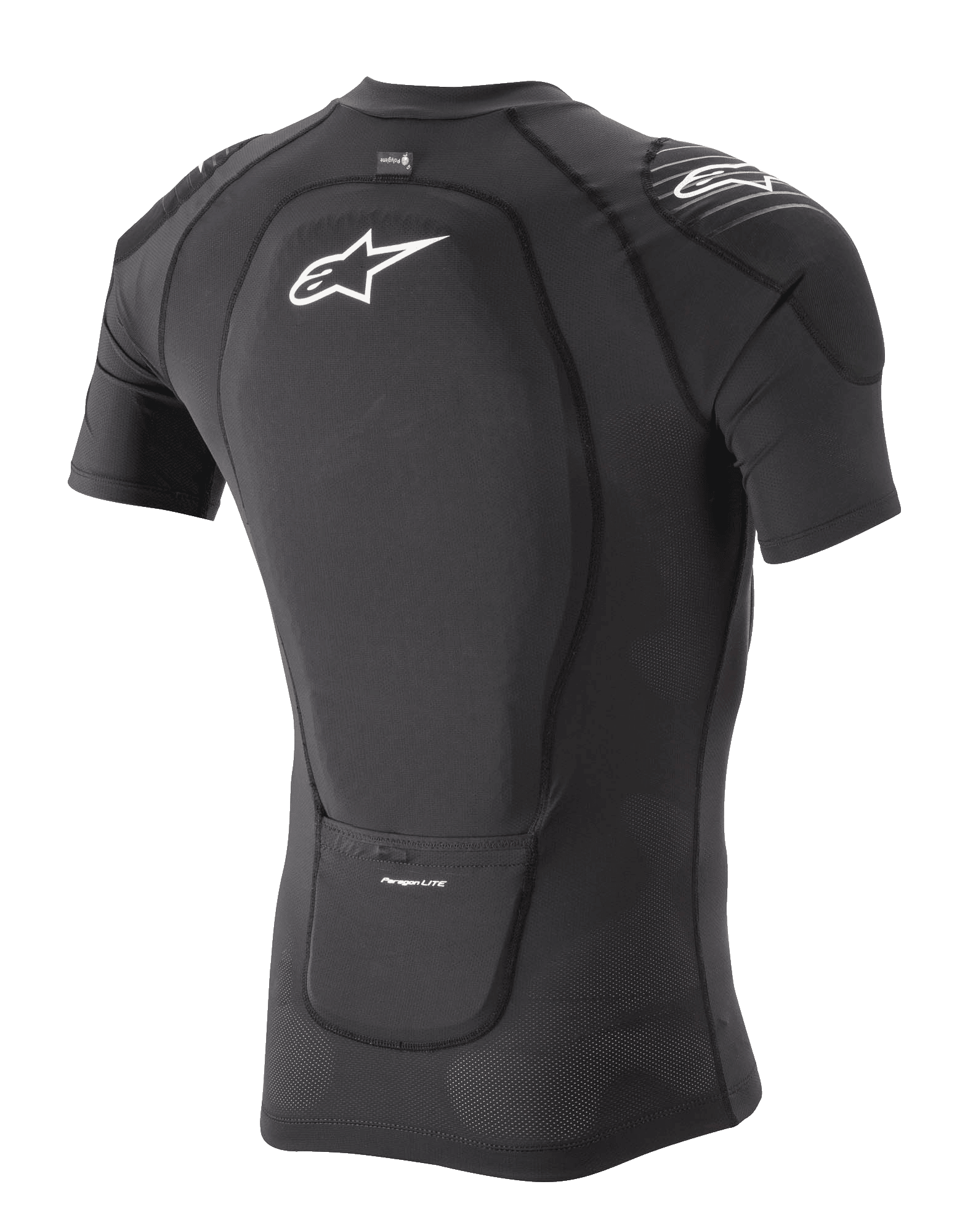 Alpinestars Paragon Lite beskyttelsesjakke - kortærmet, sort, set bagfra i trekvart profil, der viser integreret rygbeskytter og åndbar strækmesh-konstruktion, med hvidt Alpinestars-logo på ryggen og skulderen, letvægtsbeskyttelsesudstyr til mountainbike