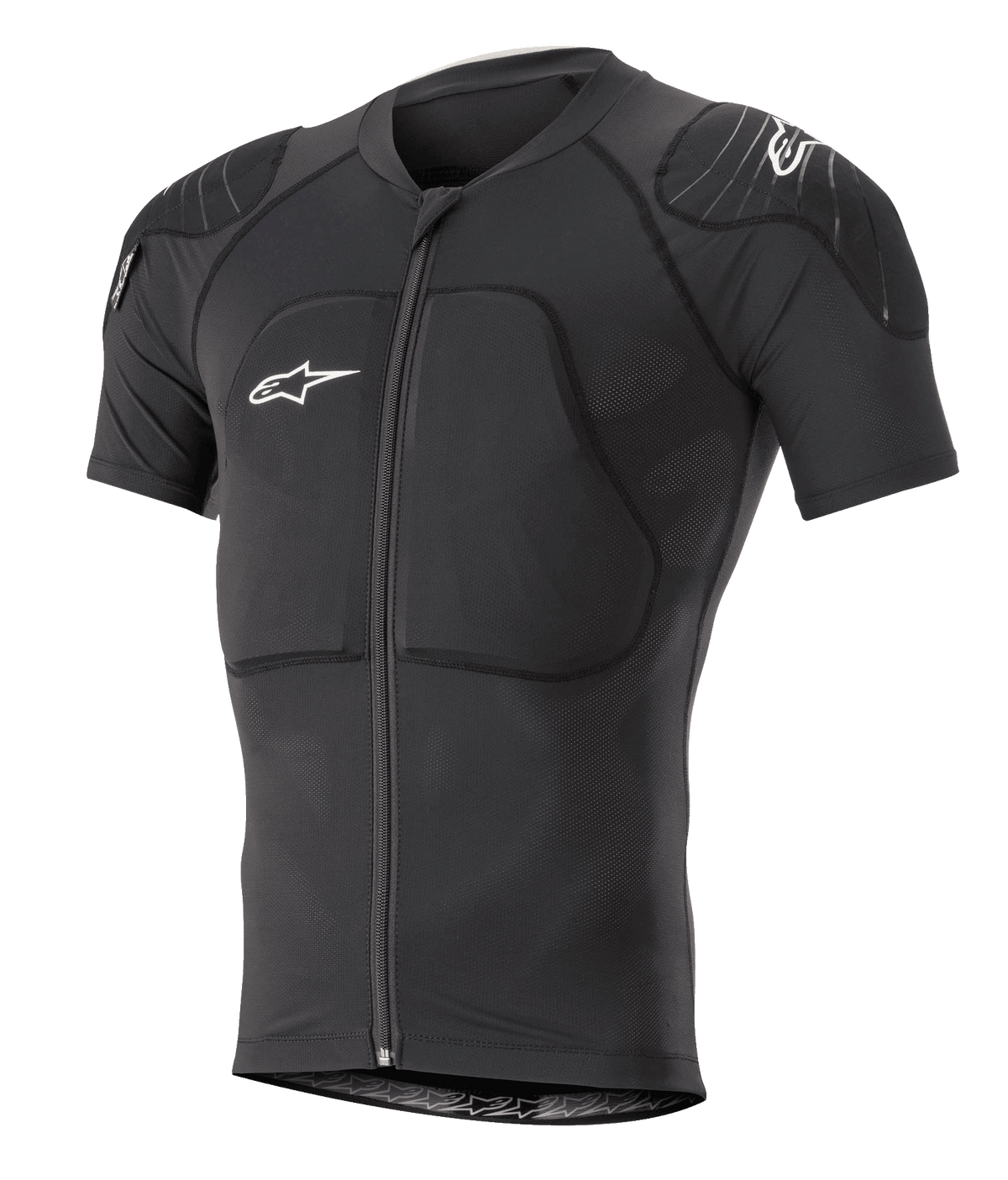 Alpinestars Paragon Lite Protection Jacket Short Sleeve, sort, MTB mountainbike-kropsbeskyttelse med integreret skulder- og brystpolstring, lynlås foran, åndbart mesh-stof, hvide Alpinestars-logoer, tætsiddende design til trailkørsel