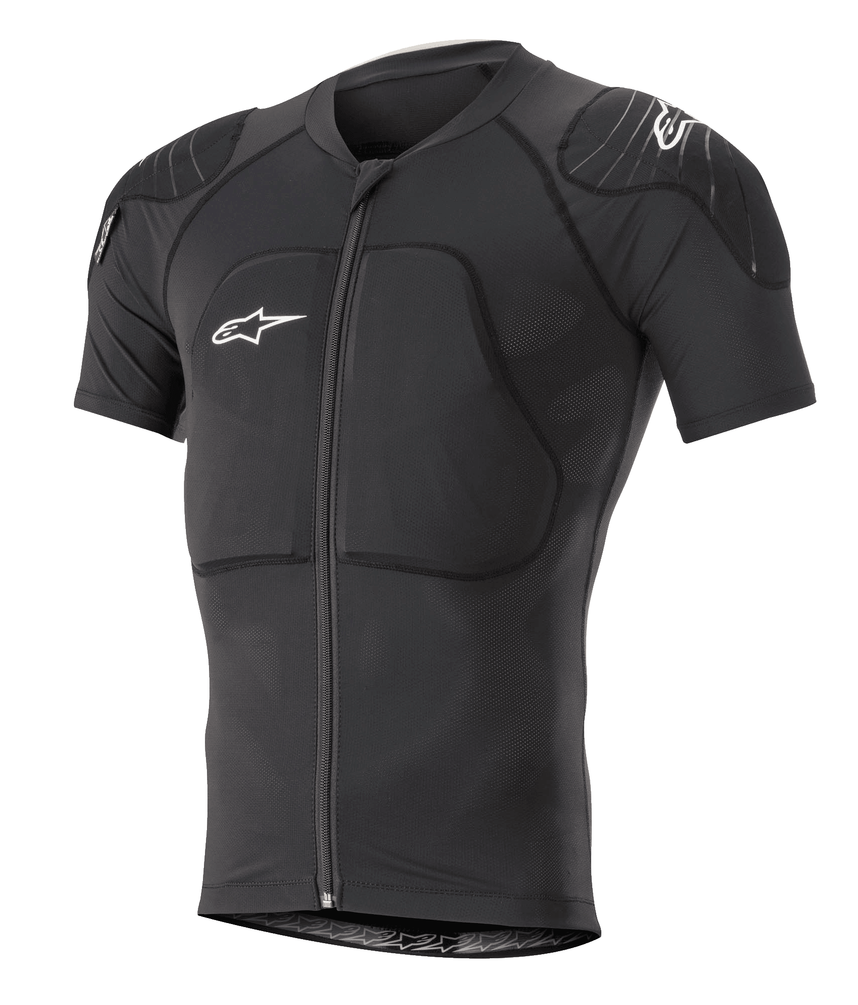 Alpinestars Paragon Lite Protection Jacket Short Sleeve, sort, MTB mountainbike-kropsbeskyttelse med integreret skulder- og brystpolstring, lynlås foran, åndbart mesh-stof, hvide Alpinestars-logoer, tætsiddende design til trailkørsel