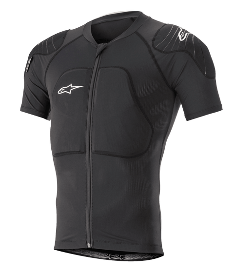 Alpinestars Paragon Lite Protection Jacket Short Sleeve, Black, MTB mountain bike body armor featuring integrated shoulder and chest padding, front zipper, breathable mesh fabric, white Alpinestars logos, fitted design for trail riding