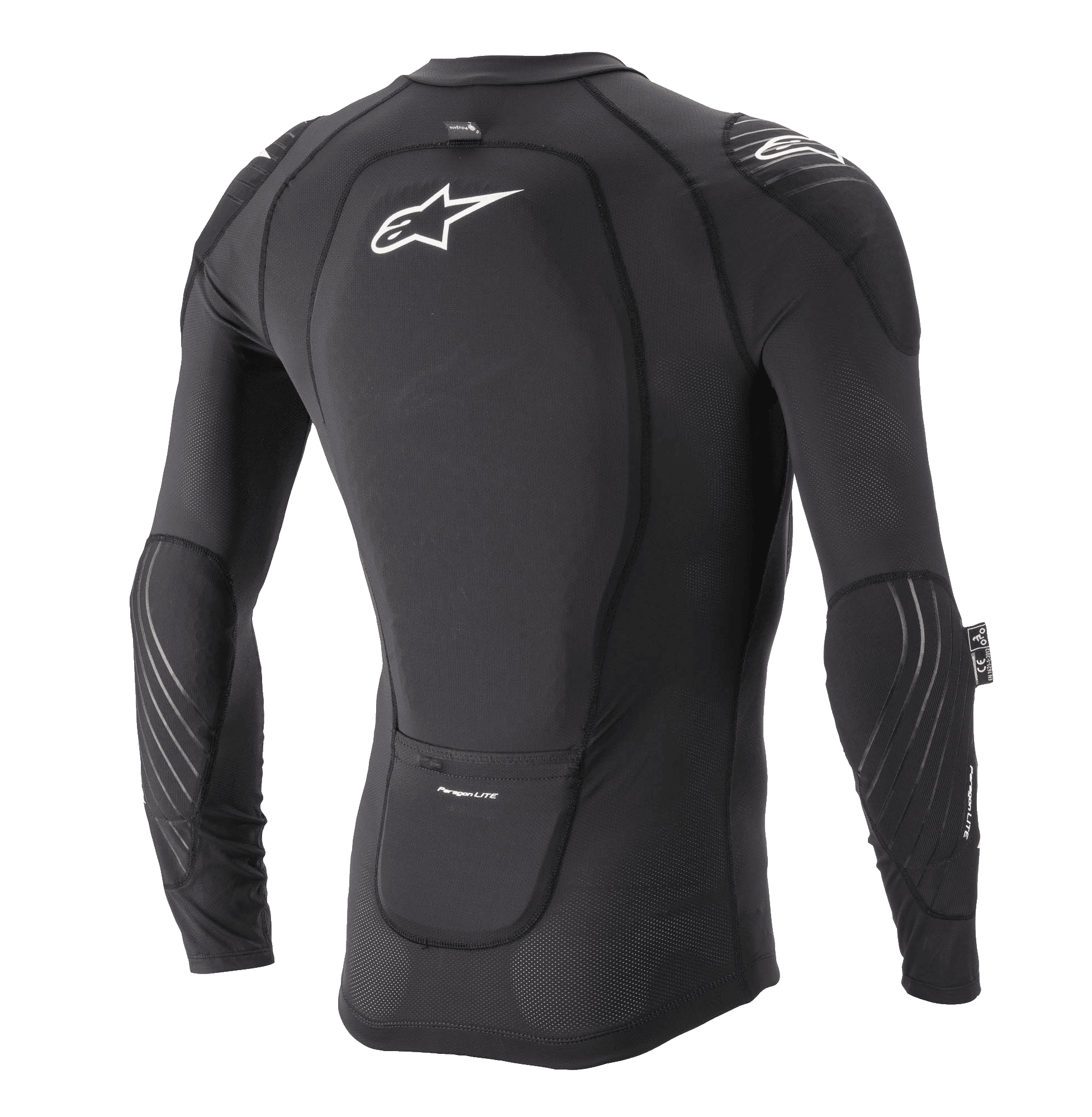 Alpinestars Paragon Lite Beskyttelsesjakke - langærmet, sort, set bagfra med integreret rygbeskytter og hvidt Astar-logo, åndbar mesh-konstruktion med albue- og skulderbeskyttelse, letvægts MTB-beskyttelsesudstyr