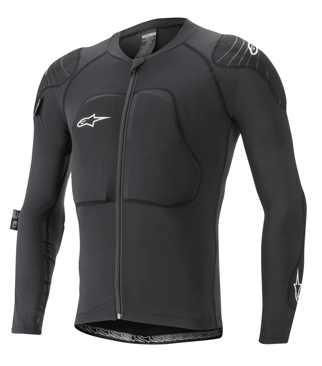 Alpinestars Paragon Lite Protection Jacket - langærmet, MTB-kropsbeskyttelse, sort, åndbar mesh-konstruktion med polstret bryst og skuldre, lynlås foran, hvidt stjerne-logo på brystet, letvægts og tætsiddende design