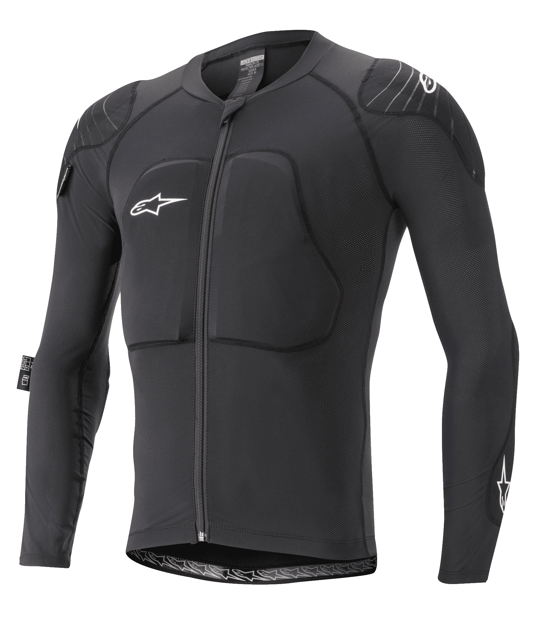Alpinestars Paragon Lite Protection Jacket - langærmet, MTB-kropsbeskyttelse, sort, åndbar mesh-konstruktion med polstret bryst og skuldre, lynlås foran, hvidt stjerne-logo på brystet, letvægts og tætsiddende design
