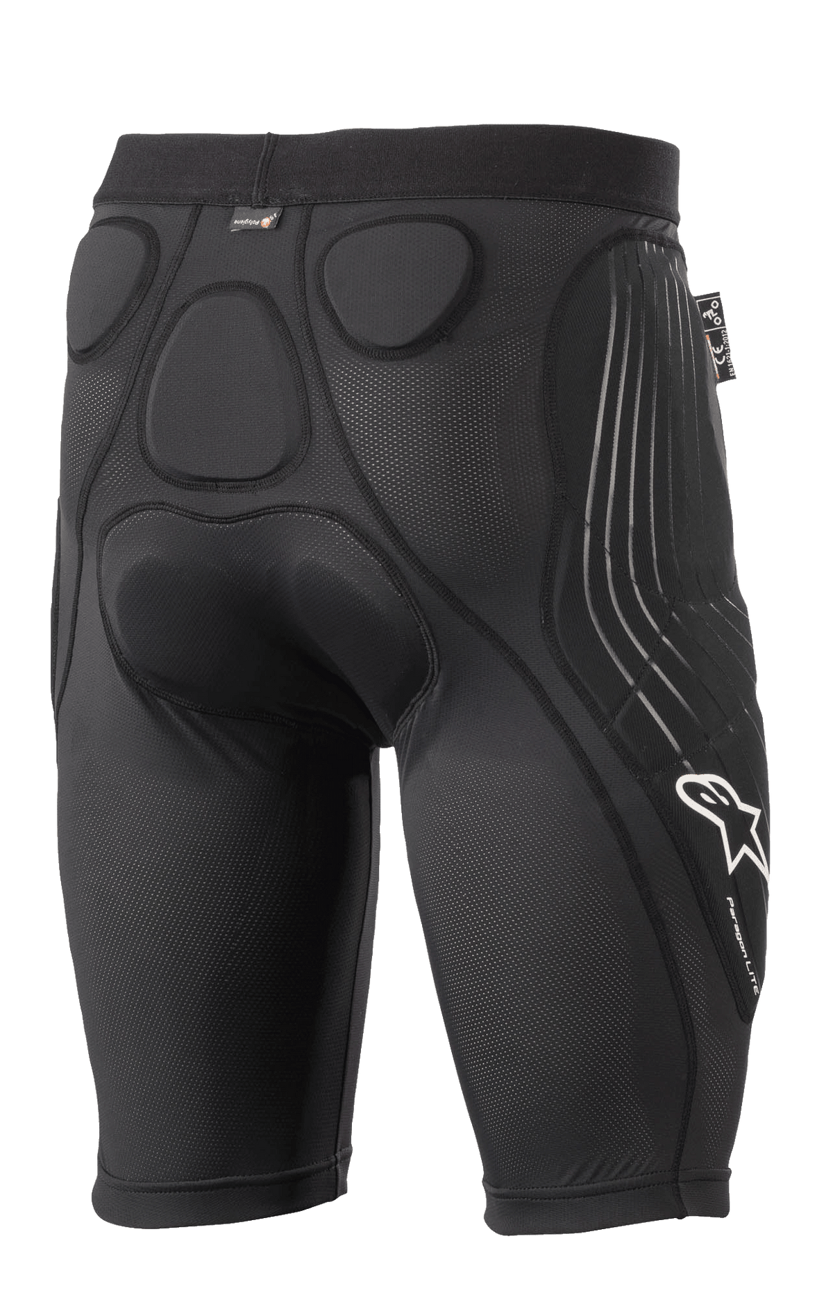 Alpinestars Paragon Lite beskyttelsesshorts, sort, set bagfra med integrerede memory foam-puder til beskyttelse af hofte og haleben, åndbart mesh-design, hvidt Alpinestars-logo og Paragon Lite-branding på benet, letvægts beskyttelsesudstyr til cykling