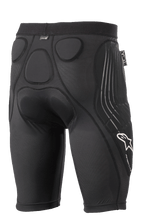 Alpinestars Paragon Lite beskyttelsesshorts, sort, set bagfra med integrerede memory foam-puder til beskyttelse af hofte og haleben, åndbart mesh-design, hvidt Alpinestars-logo og Paragon Lite-branding på benet, letvægts beskyttelsesudstyr til cykling