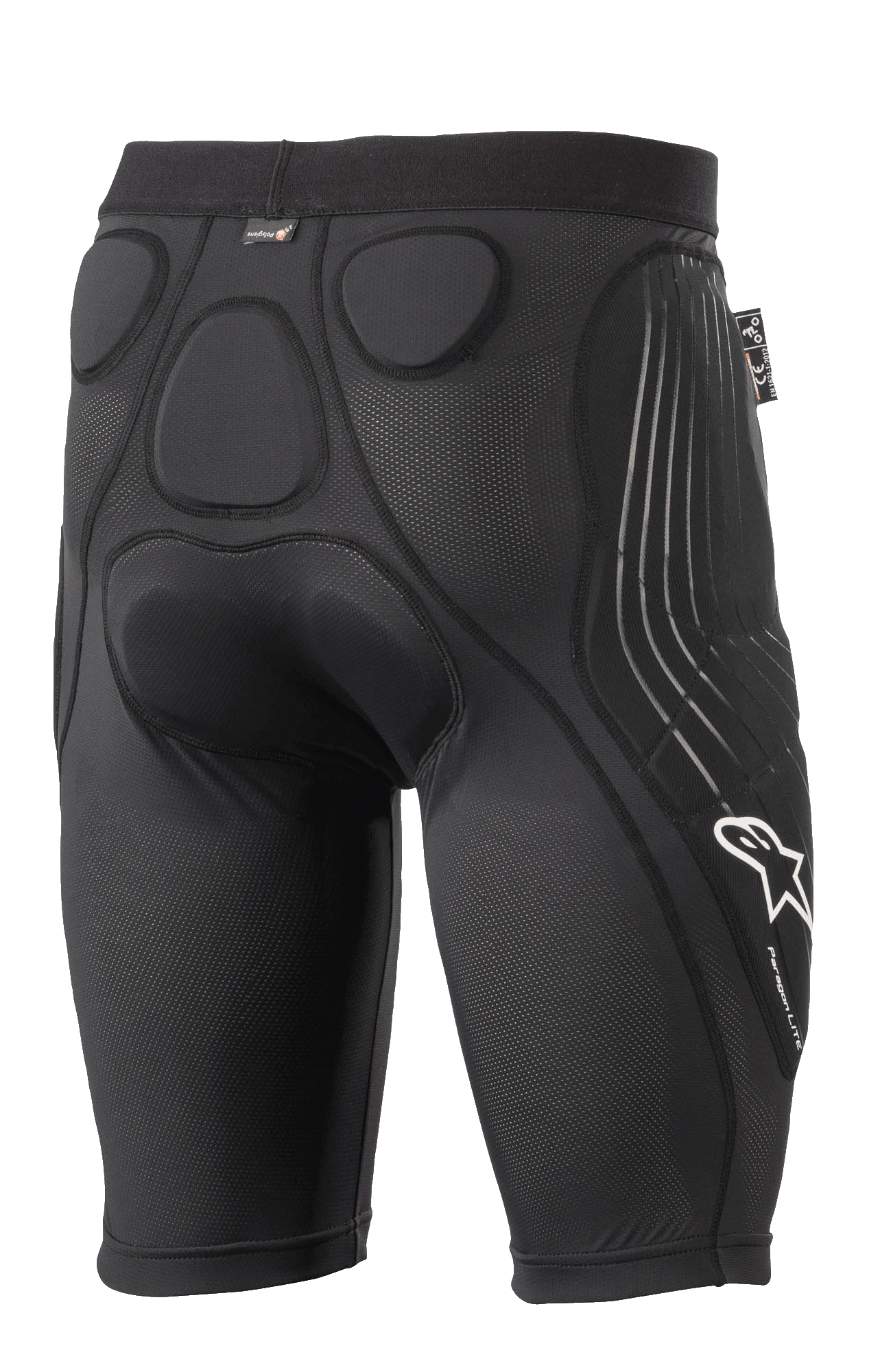 Alpinestars Paragon Lite beskyttelsesshorts, sort, set bagfra med integrerede memory foam-puder til beskyttelse af hofte og haleben, åndbart mesh-design, hvidt Alpinestars-logo og Paragon Lite-branding på benet, letvægts beskyttelsesudstyr til cykling