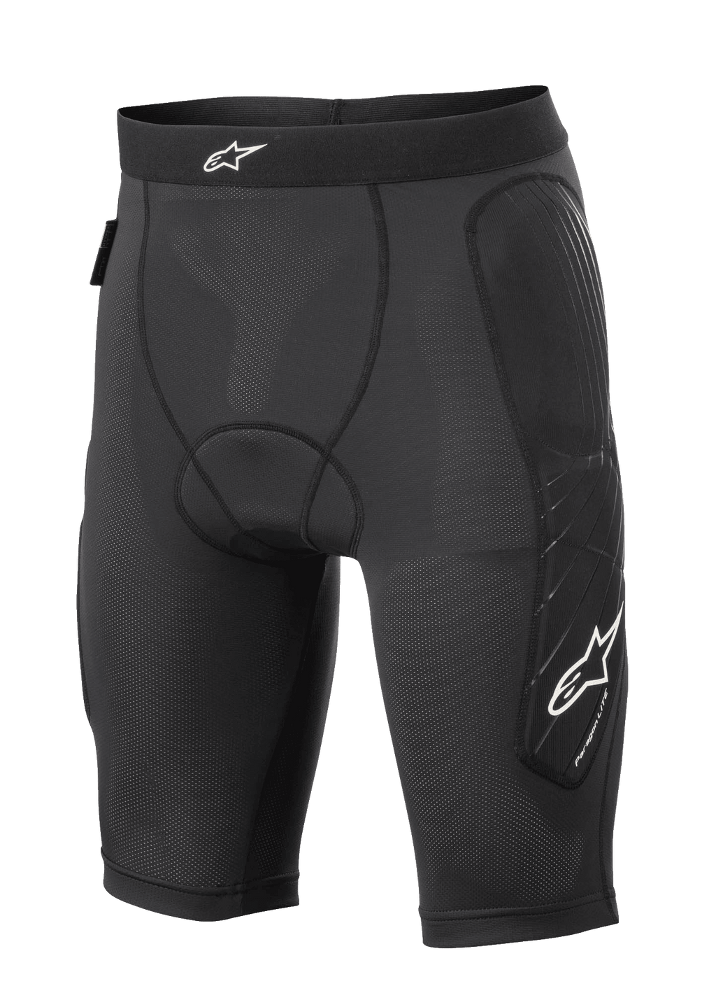 Alpinestars Paragon Lite Protection Shorts, MTB-beskyttelsesshorts, sort, letvægts åndbar mesh-konstruktion med perforeret stof, polstring på hofter og siden af benene, hvidt stjernelogo på linningen og benet, kompressionspasform til terrængående cykling