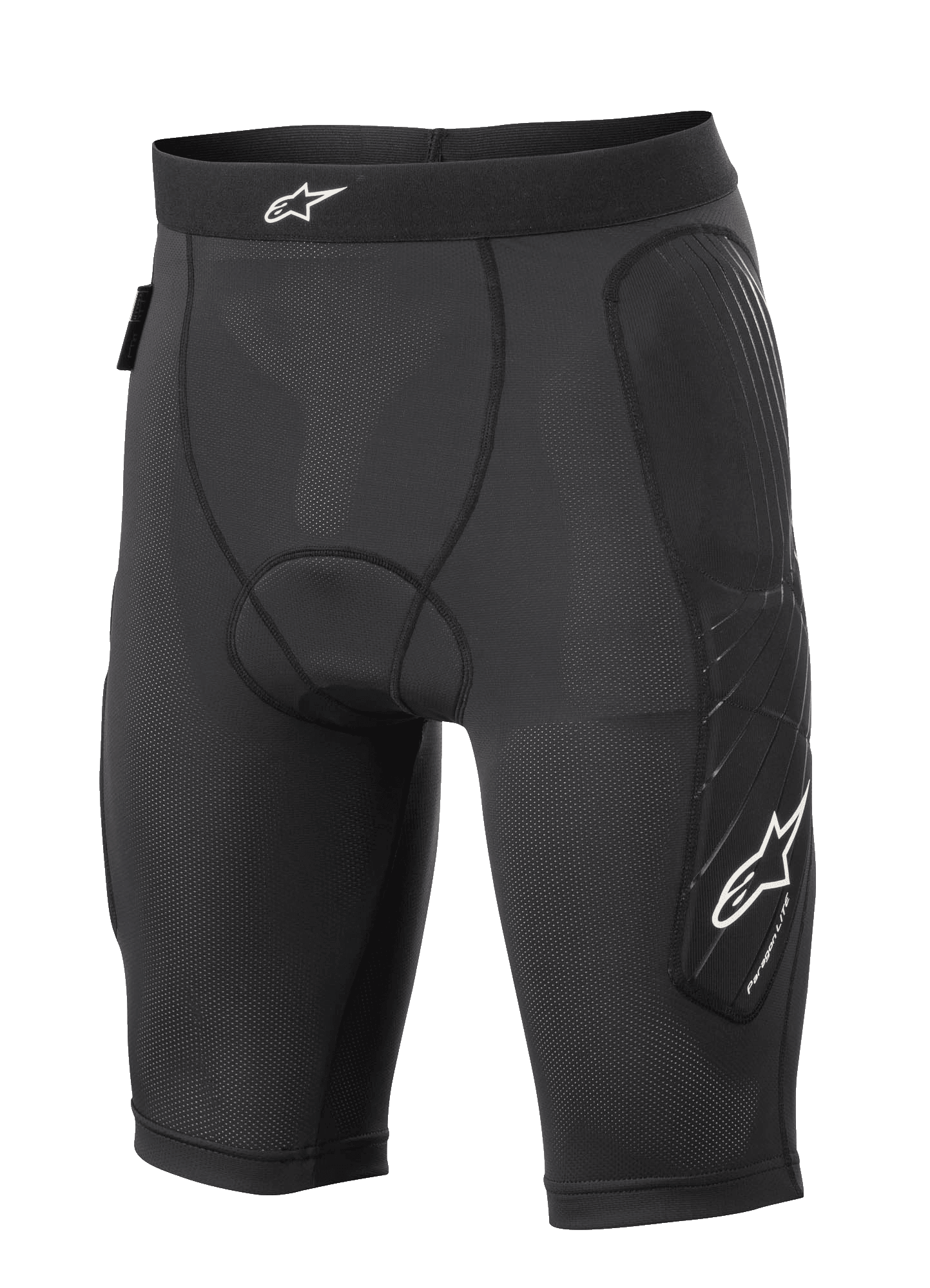 Alpinestars Paragon Lite Protection Shorts, MTB-beskyttelsesshorts, sort, letvægts åndbar mesh-konstruktion med perforeret stof, polstring på hofter og siden af benene, hvidt stjernelogo på linningen og benet, kompressionspasform til terrængående cykling