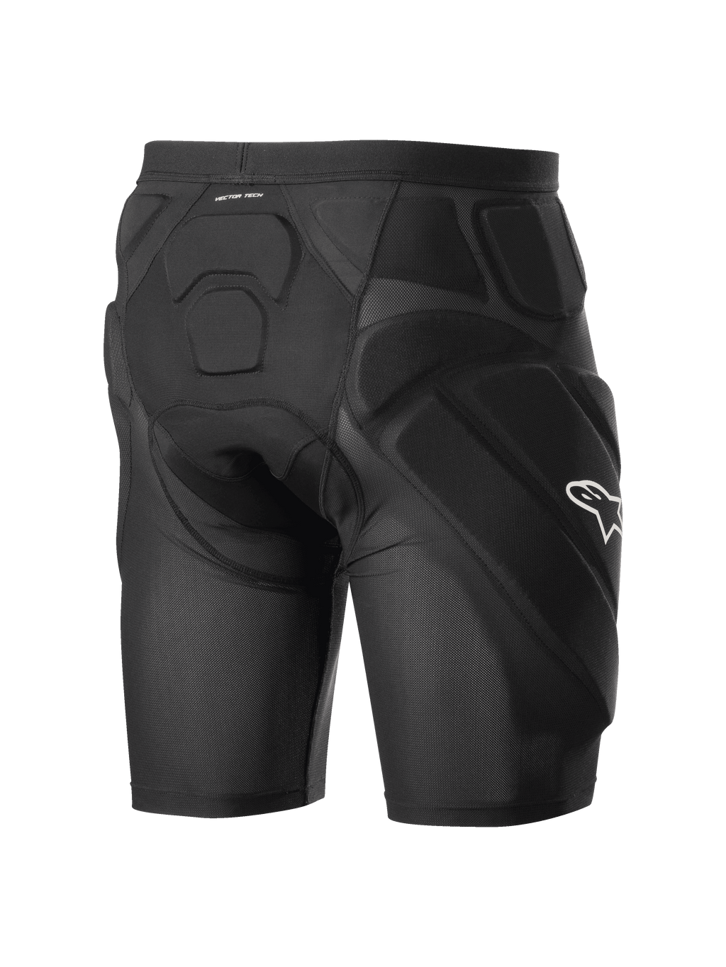 Alpinestars Vector Tech Shorts, sorte cykelbeskyttelsesshorts, med integreret EVA-memoryskum-polstring på hofter og ryg, åndbar stræk-mesh-konstruktion, hvidt Alpinestars-logo på siden.