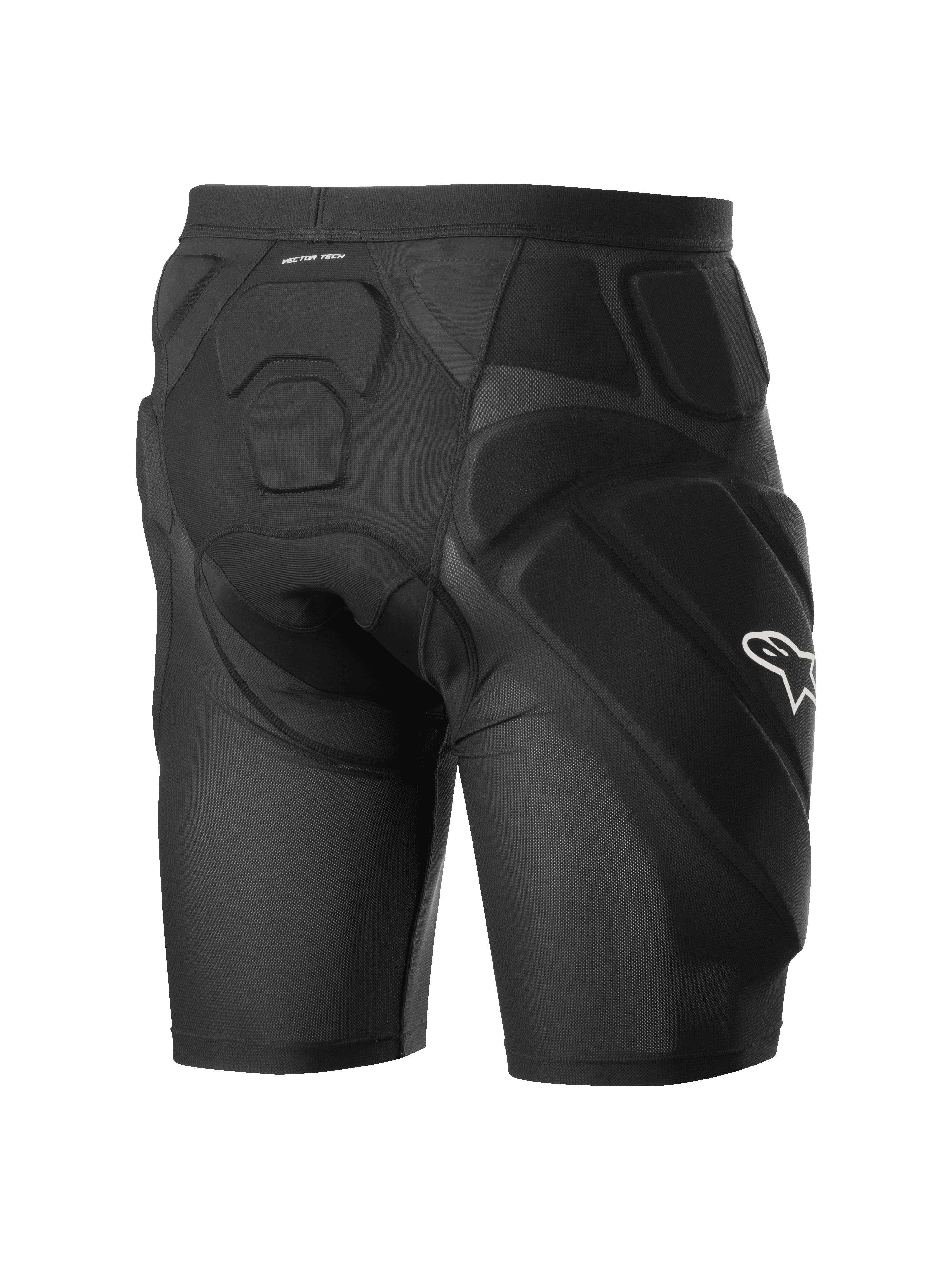 Alpinestars Vector Tech Shorts, sorte cykelbeskyttelsesshorts, med integreret EVA-memoryskum-polstring på hofter og ryg, åndbar stræk-mesh-konstruktion, hvidt Alpinestars-logo på siden.