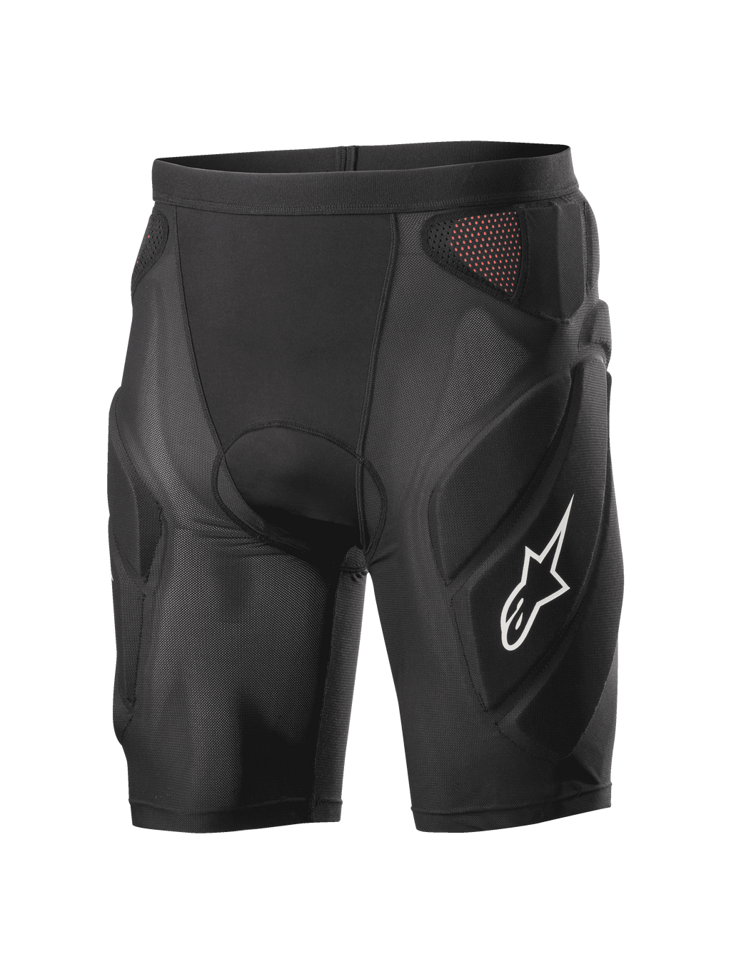 Alpinestars Vector Tech Shorts, sorte beskyttelsesshorts til cykling, polstret kompressionsdesign med røde mesh-paneler, hvidt stjernelogo på låret, letvægts stræk-mesh med EVA-skumbeskyttelse, MTB- og downhill-udstyr