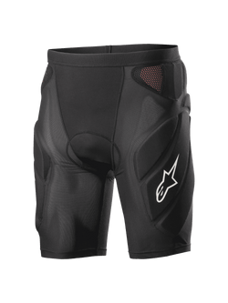 Alpinestars Vector Tech Shorts, black cycling protection shorts, padded compression design with red mesh panels, white star logo on the thigh, lightweight stretch mesh with EVA foam protection, MTB and downhill riding gear