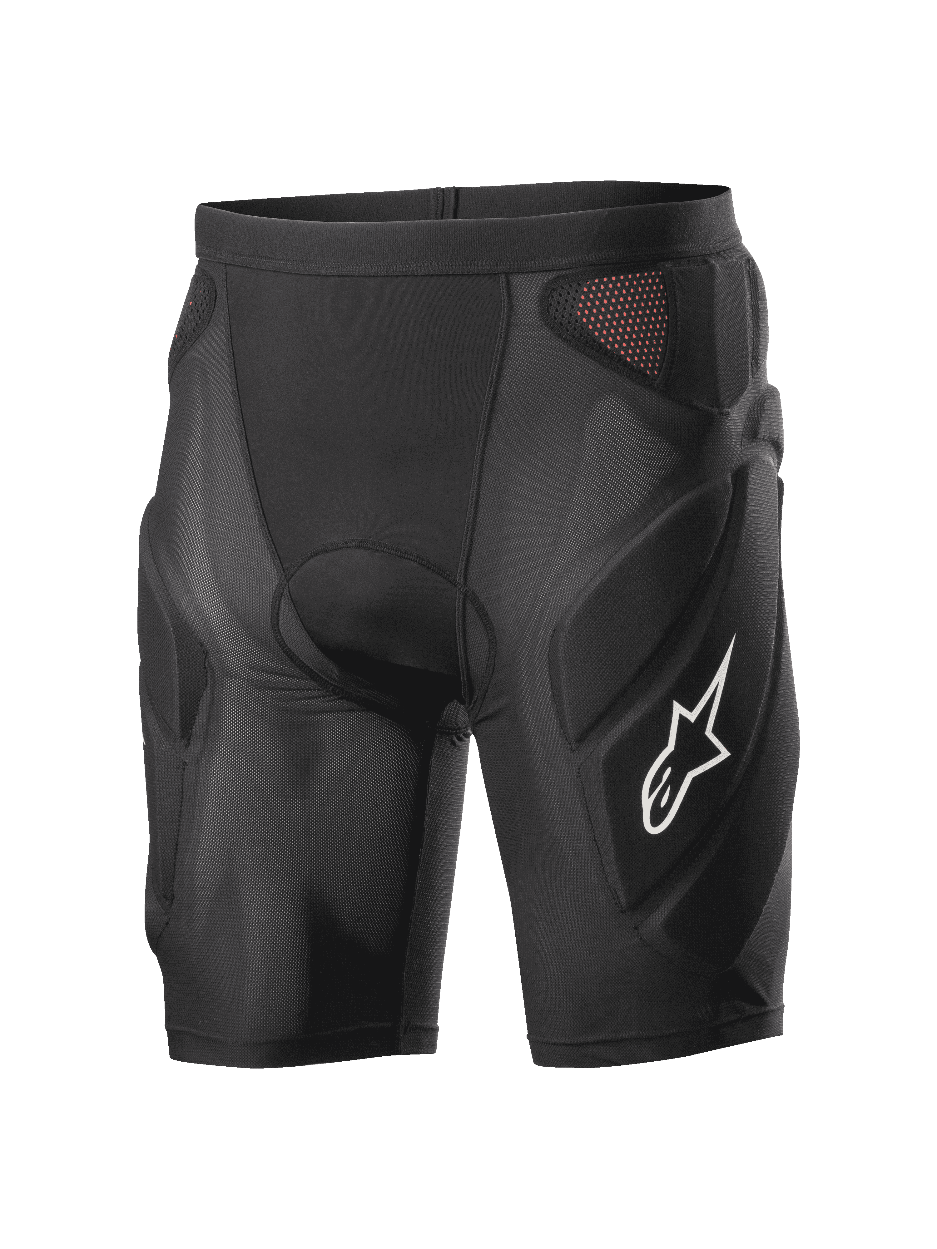 Alpinestars Vector Tech Shorts, sorte beskyttelsesshorts til cykling, polstret kompressionsdesign med røde mesh-paneler, hvidt stjernelogo på låret, letvægts stræk-mesh med EVA-skumbeskyttelse, MTB- og downhill-udstyr