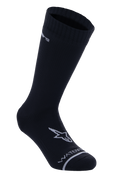 Alpinestars A-Dura vandtætte sokker, sort, mellemlange cykelsokker, ribbet tekstur på skaftet, hvidt A-star logo på foden, Waterproof-tekst på tåen, teknisk MTB-baselayer