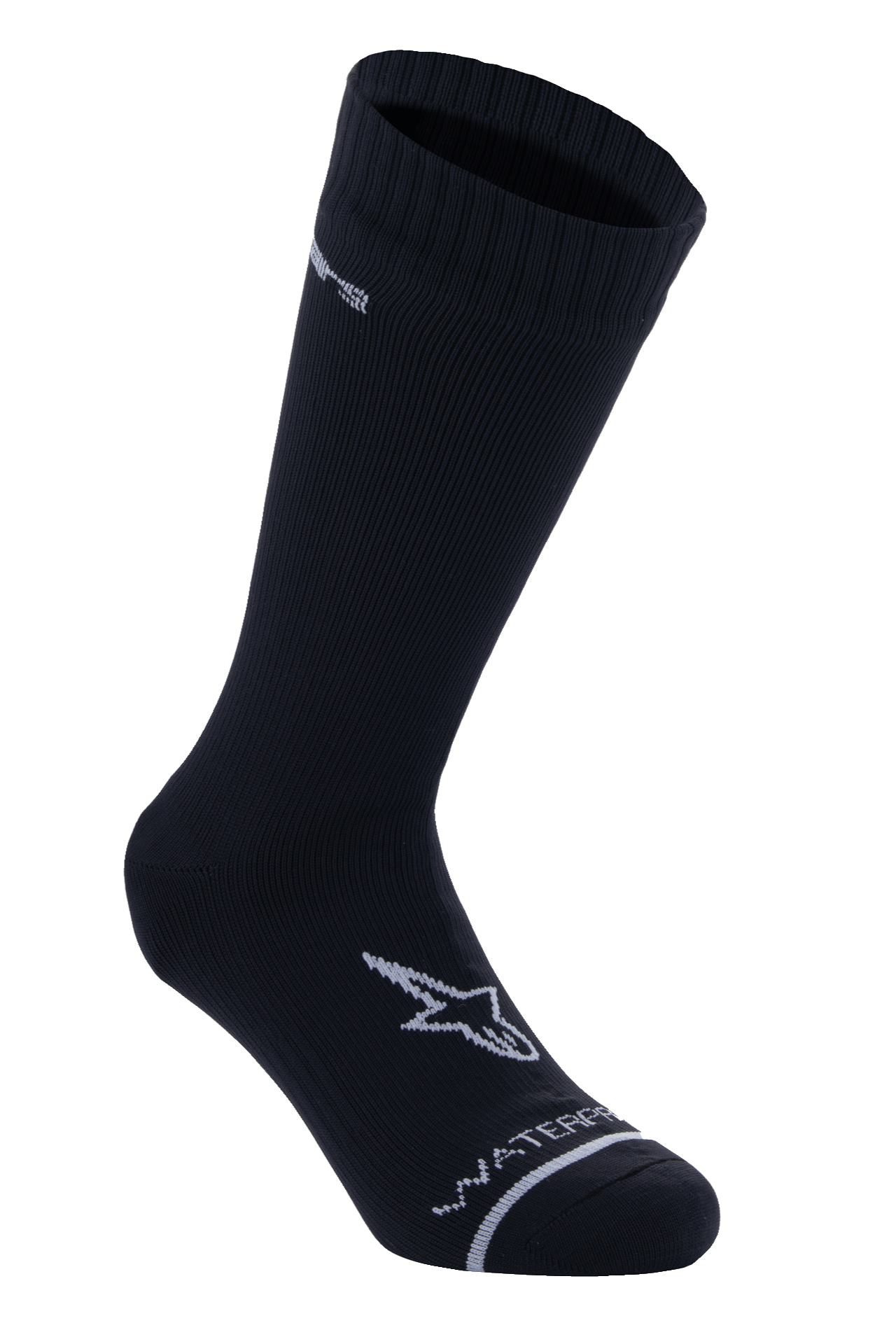 Alpinestars A-Dura vandtætte sokker, sort, mellemlange cykelsokker, ribbet tekstur på skaftet, hvidt A-star logo på foden, Waterproof-tekst på tåen, teknisk MTB-baselayer
