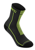 Alpinestars Summer Socks 15, sort og syregul, lette ribbede cykelstrømper, med neongul ASTARS-branding og lodrette striber på hælen, åndbar mesh-konstruktion til MTB-kørsel i varmt vejr
