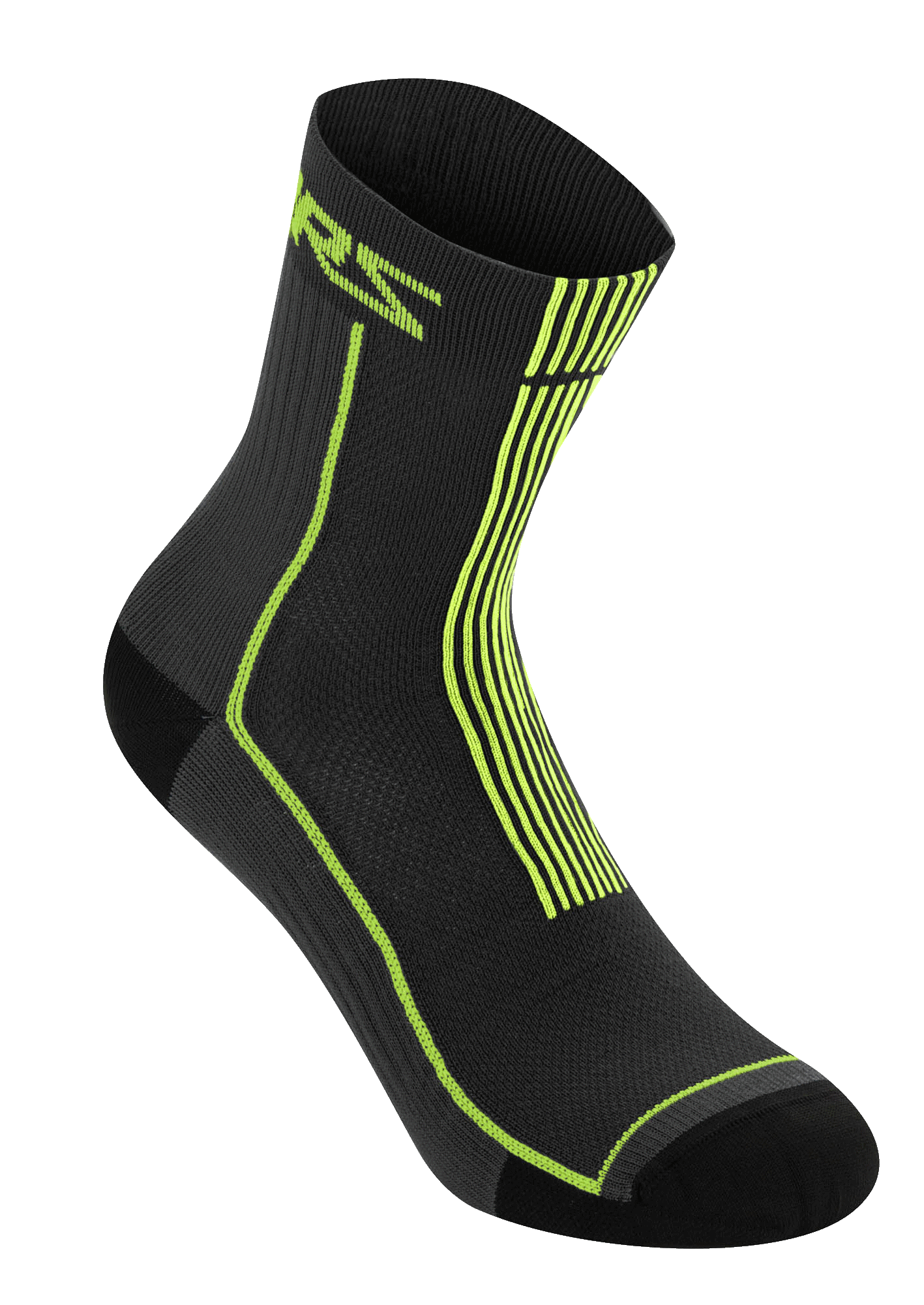Alpinestars Summer Socks 15, sort og syregul, lette ribbede cykelstrømper, med neongul ASTARS-branding og lodrette striber på hælen, åndbar mesh-konstruktion til MTB-kørsel i varmt vejr