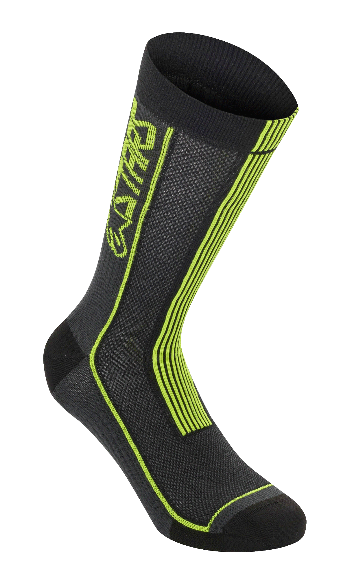 Alpinestars Summer Socks, Cycling Socks, Black and Acid Yellow, featuring neon yellow vertical stripes and ASTARS branding, breathable mesh construction with ribbed top cuff, reinforced toe and heel, lightweight performance gear for mountain biking.