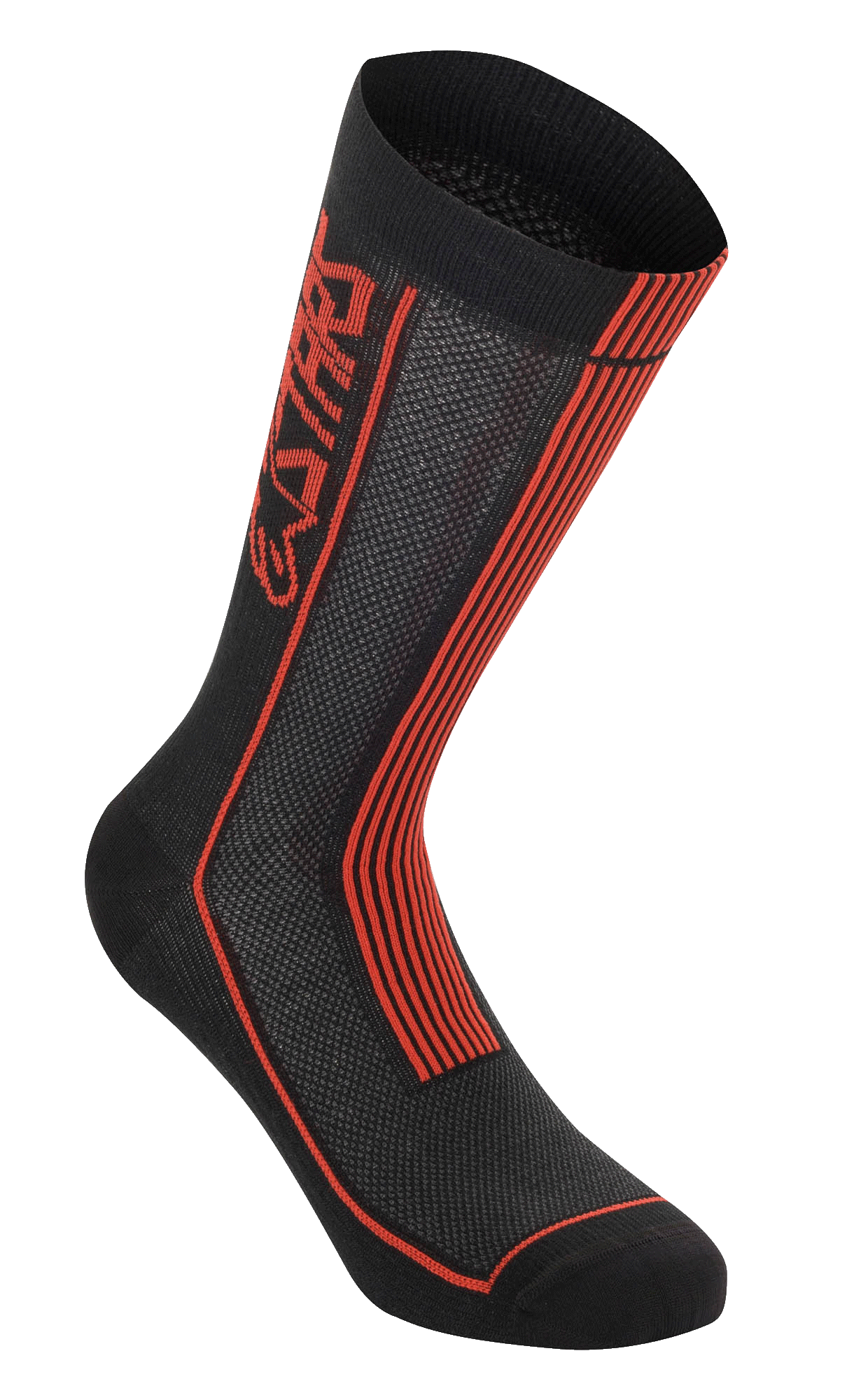 Alpinestars Summer Socks, cykelstrømper, sort og stærk rød, lodret Astars-logo og røde striber, strikket mesh-tekstur for luftgennemstrømning, ribkonstruktion for strækbarhed, performance-fodtøj til kørsel i varmt vejr