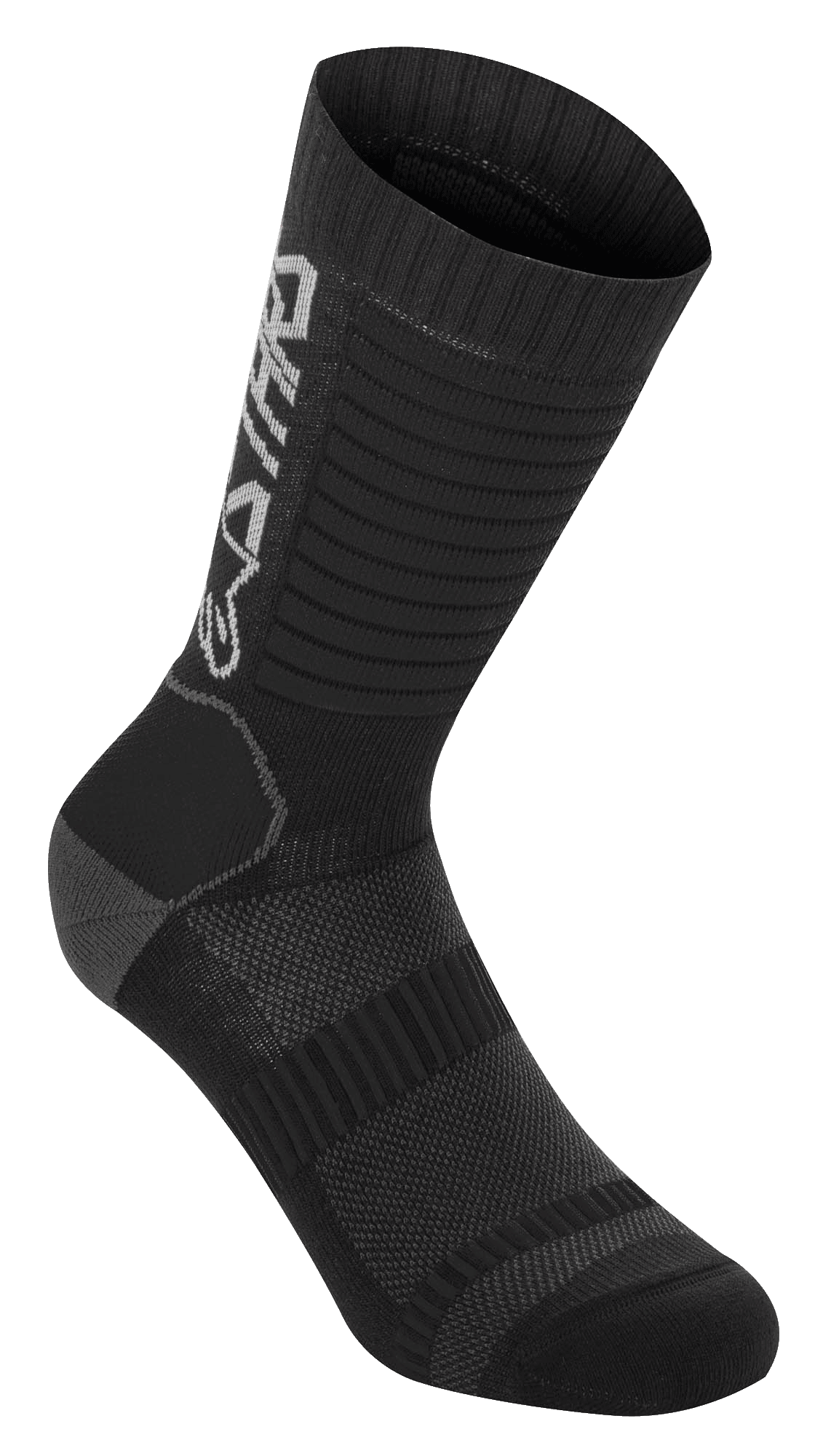 Alpinestars Paragon Lite Strømper 19, MTB-strømper, sort, teknisk mesh-konstruktion, lodret Alpinestars-branding, ribbet tekstur for strækbarhed, forstærket hæl og tå, letvægts åndbart materiale til terrænkørsel