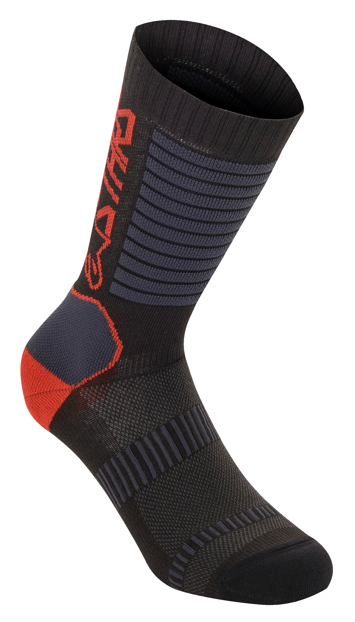 Alpinestars Paragon Lite Socks 19, tekniske cykelsokker, sort med klare røde og grå detaljer, 19 cm længde til midt på læggen, åndbare mesh-paneler, ribbet tekstur for strækbarhed, forstærket hæl