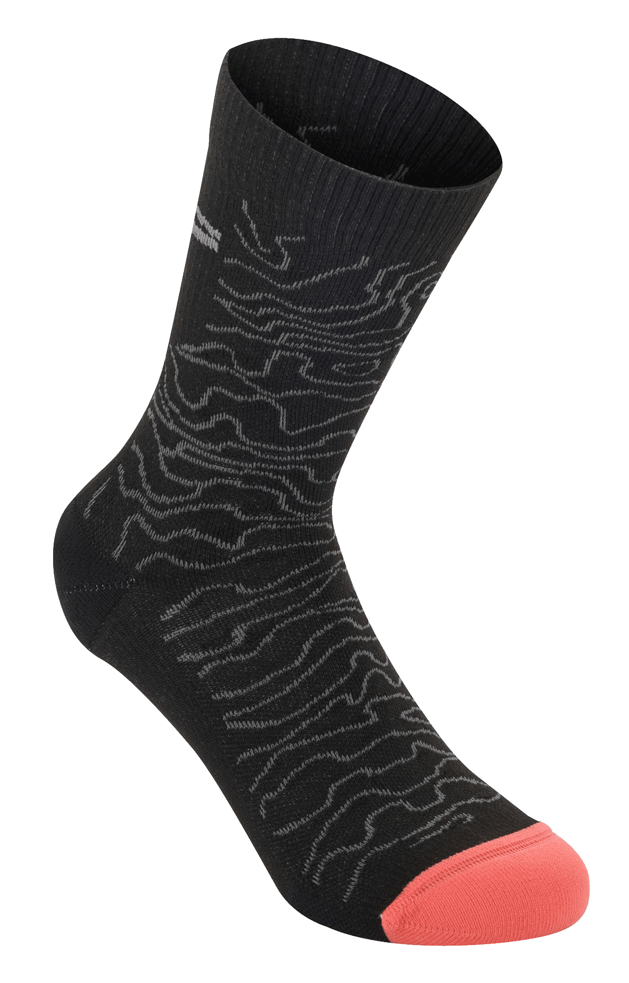 Alpinestars Drop Socks 15, performance cykelsokker, sort og mellemgrå med koral-orange tå, med topografisk bølgemønster og ribbet kant, letvægts mesh-design til MTB og off-road kørsel