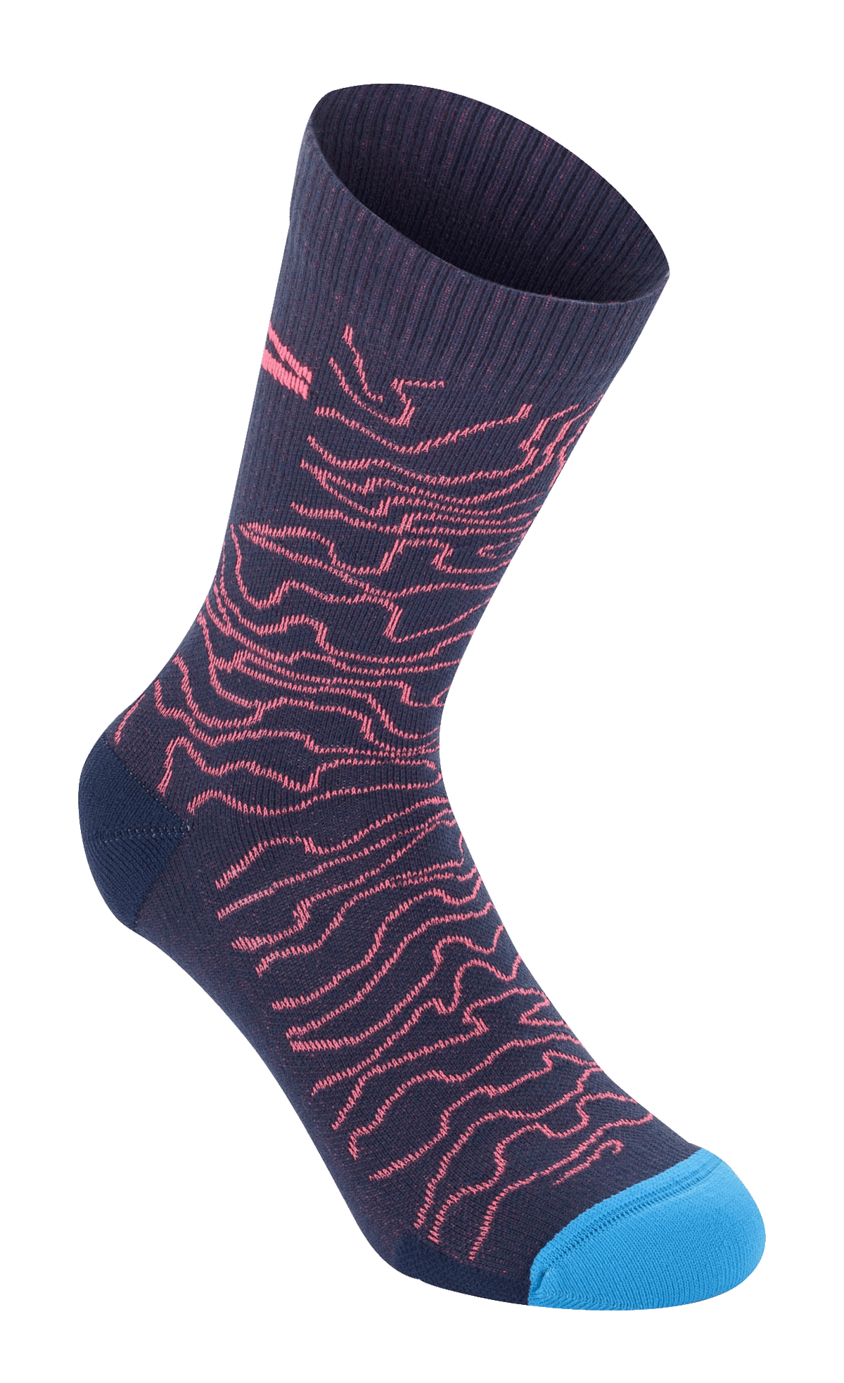 Alpinestars Drop Socks 15, Dark Navy with Coral wavy pattern and bright blue toe, ribbed texture at the top, mid-calf performance cycling socks