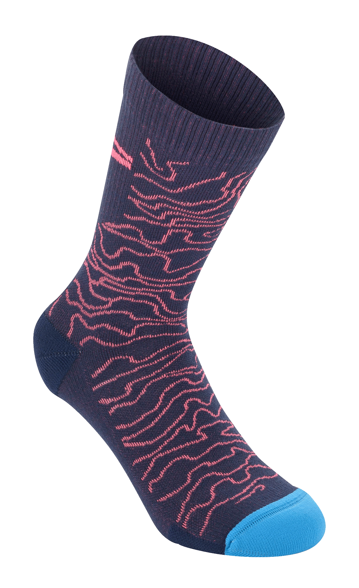 Alpinestars Drop Socks 15, mørkeblå med koralfarvet bølgemønster og lyseblå tå, ribbet tekstur foroven, mellemlange performance-cykelstrømper