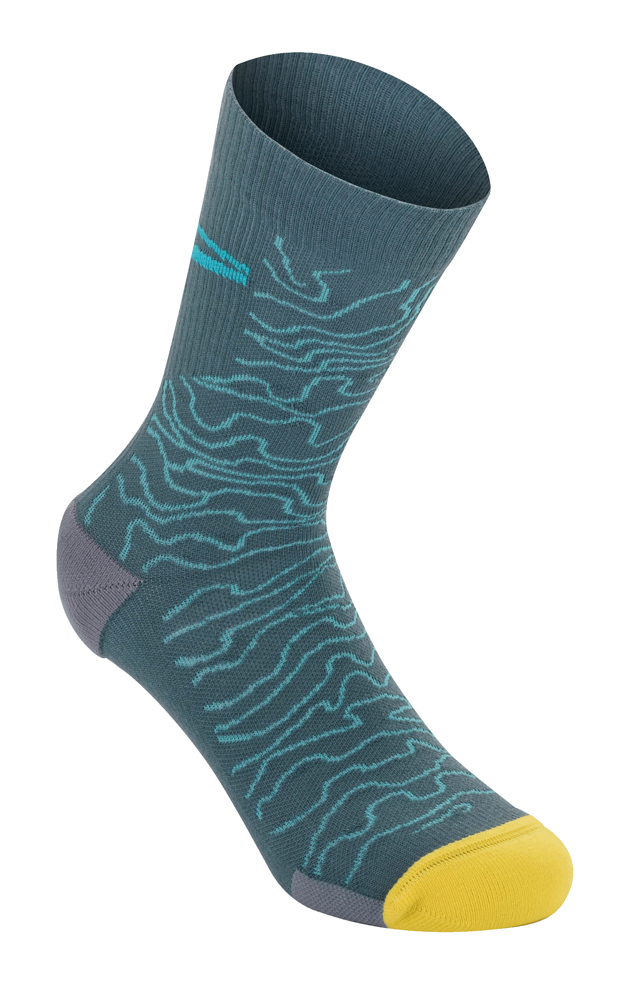 Alpinestars Drop Socks 15, MTB-strømper, Atlantic Ceramic blå med lyseblåt topografisk mønster, stærk gul tå og grå hæl, ribbet tekstur, lette performance MTB-strømper