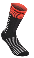Alpinestars Drop Socks 19, MTB-cykelstrømper, sort med hvide vandrette striber, klar rød ribkant med sort logo, letvægts mesh-konstruktion, 19 cm længde