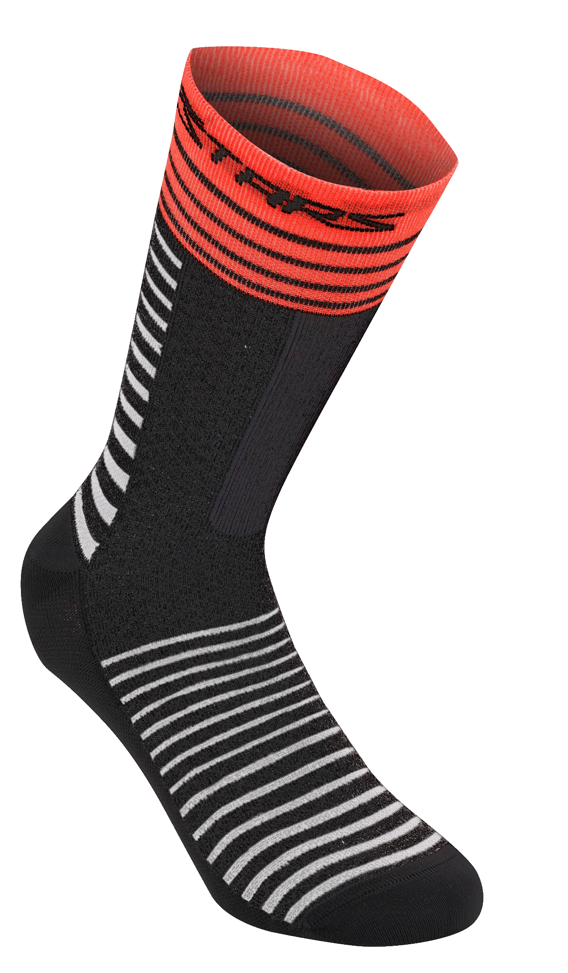 Alpinestars Drop Socks 19, MTB-cykelstrømper, sort med hvide vandrette striber, klar rød ribkant med sort logo, letvægts mesh-konstruktion, 19 cm længde