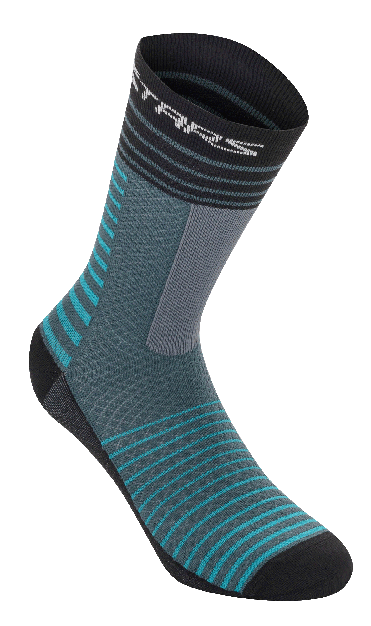 Alpinestars Drop Socks 19, cykelstrømper, Atlantic Ceramic og grå, vandret turkis og sort stribet design, åndbar mesh-konstruktion, mellemlang længde, performance-udstyr til mountainbiking