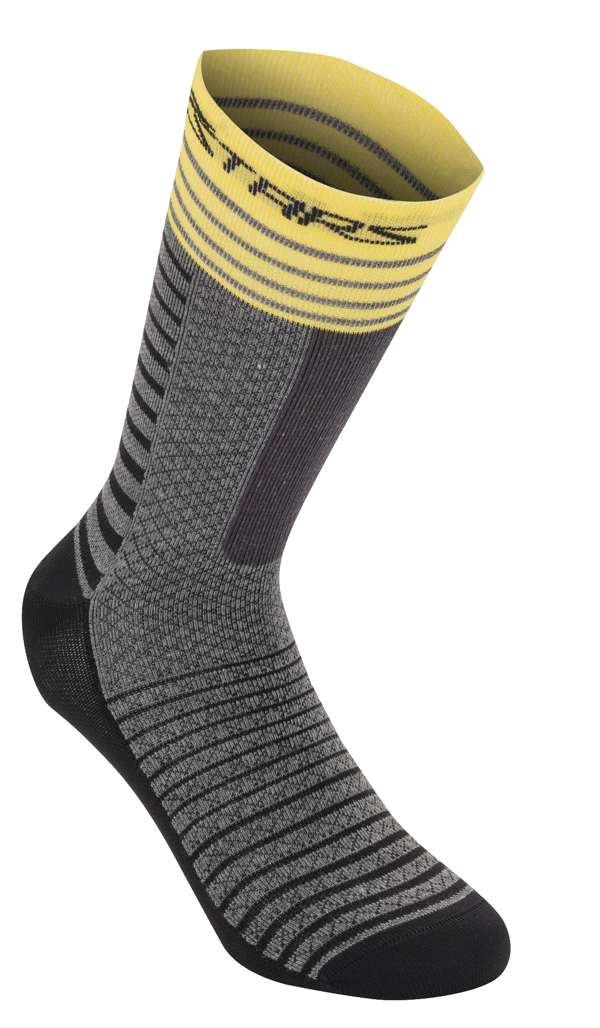 Alpinestars Drop Socks 19, cykelstrømper, mellemgrå og gul, med gul ribbet kant med striber, grå tekstureret krop med sorte horisontale mønstre, sort forstærket hæl og tå, åndbart performance MTB-udstyr