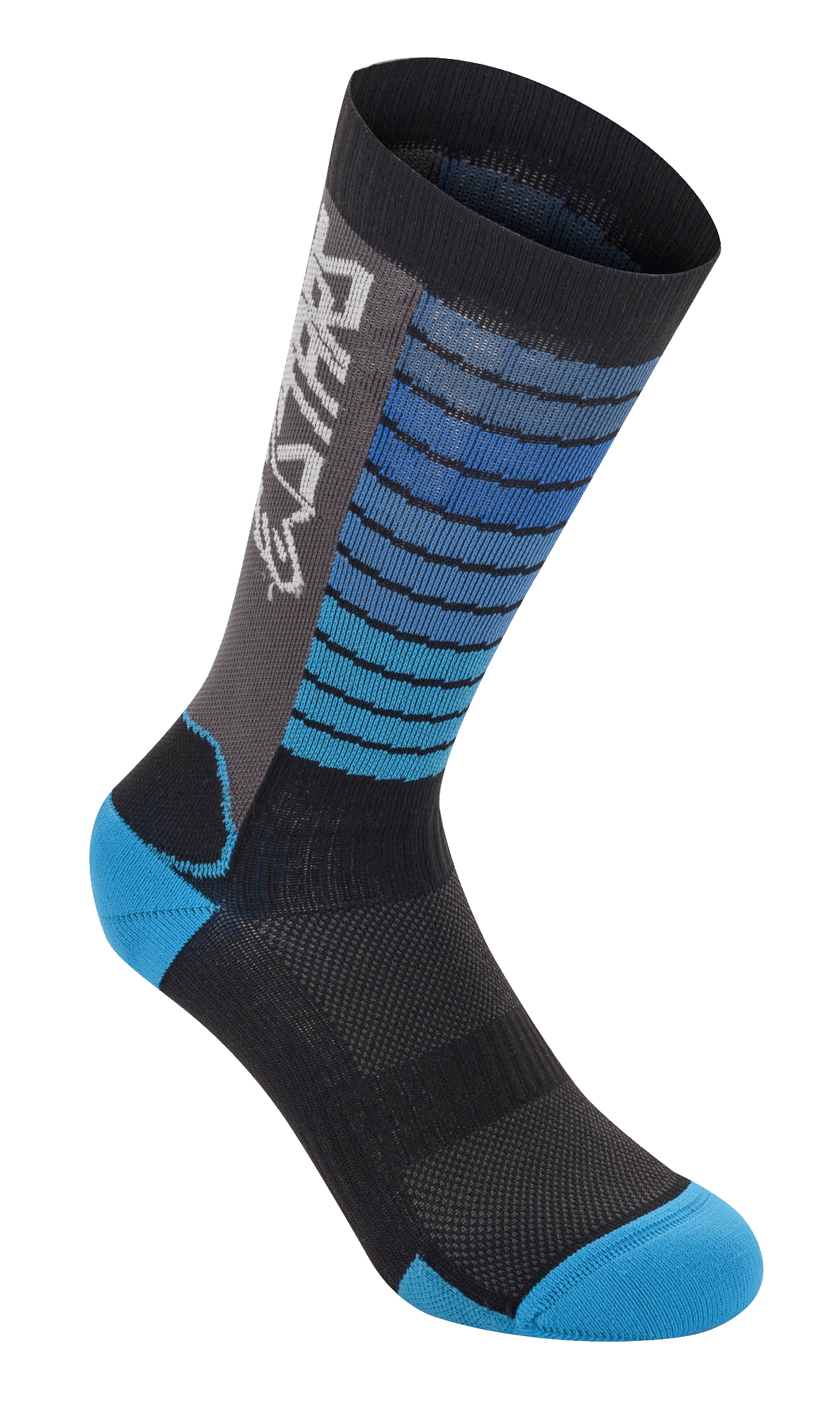 Alpinestars Drop Socks, MTB-cykelstrømper, sort og aqua-blå, vandret stribet mønster på benet, gråt sidepanel med hvidt logo, forstærket aqua-farvet hæl og tå, åndbart mesh-stof