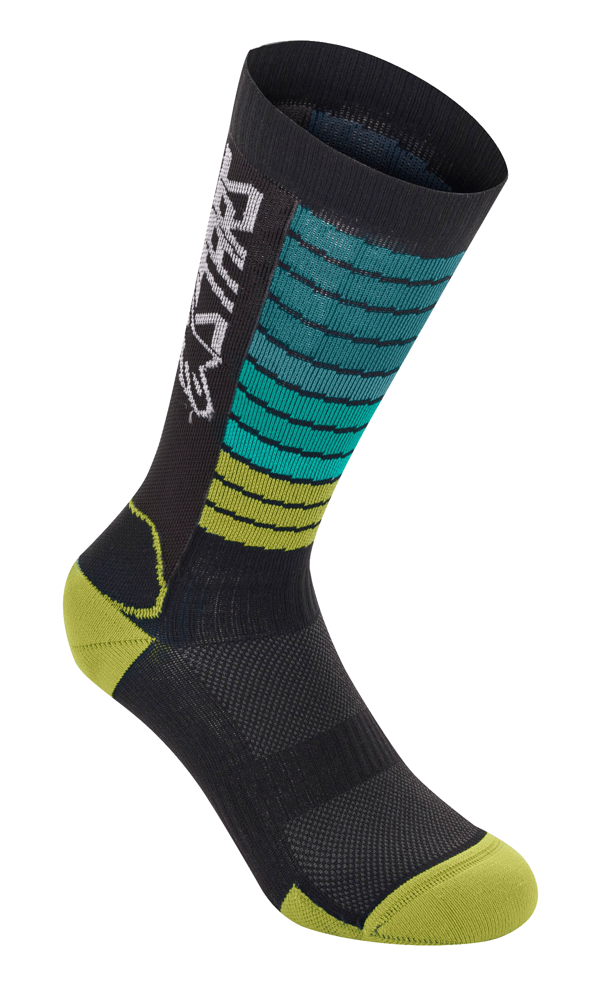 Alpinestars Drop Socks, mountainbike MTB-cykelsokker, sort med graduerede striber i teal og limegrøn, gulgrøn tå og hæl, med hvidt Astars-branding og åndbar mesh-tekstur