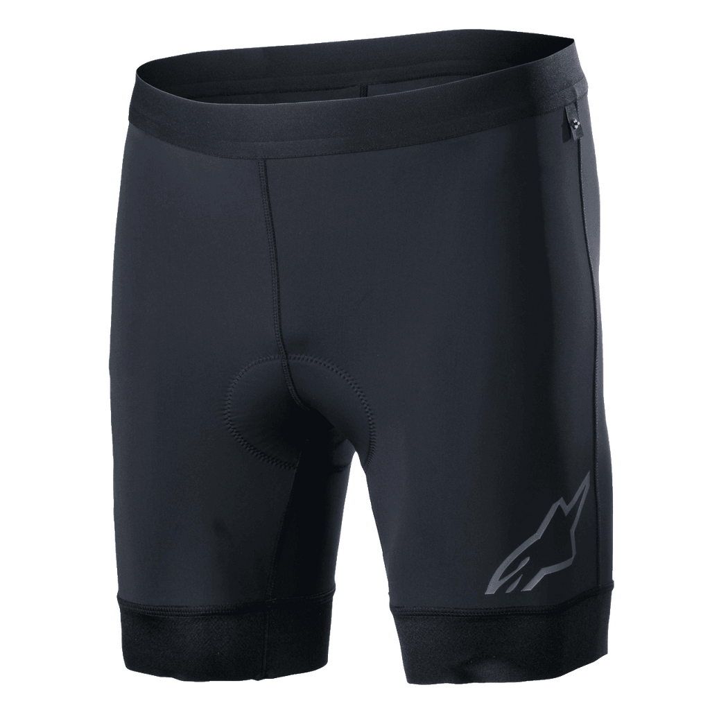 Alpinestars Alps Inner Shorts, sorte cykel-indershorts, integreret polstret siddeområde, elastisk taljebånd, reflekterende Astars-logo på venstre ben, strækbart syntetisk materiale, fugttransporterende komfort