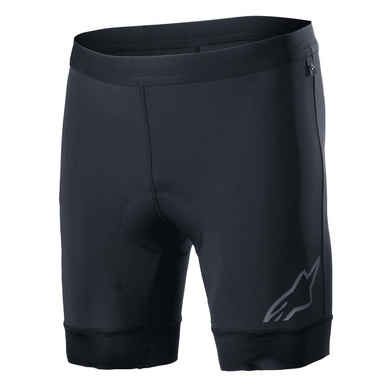 Alpinestars Alps Inner Shorts, sorte cykel-indershorts, integreret polstret siddeområde, elastisk taljebånd, reflekterende Astars-logo på venstre ben, strækbart syntetisk materiale, fugttransporterende komfort