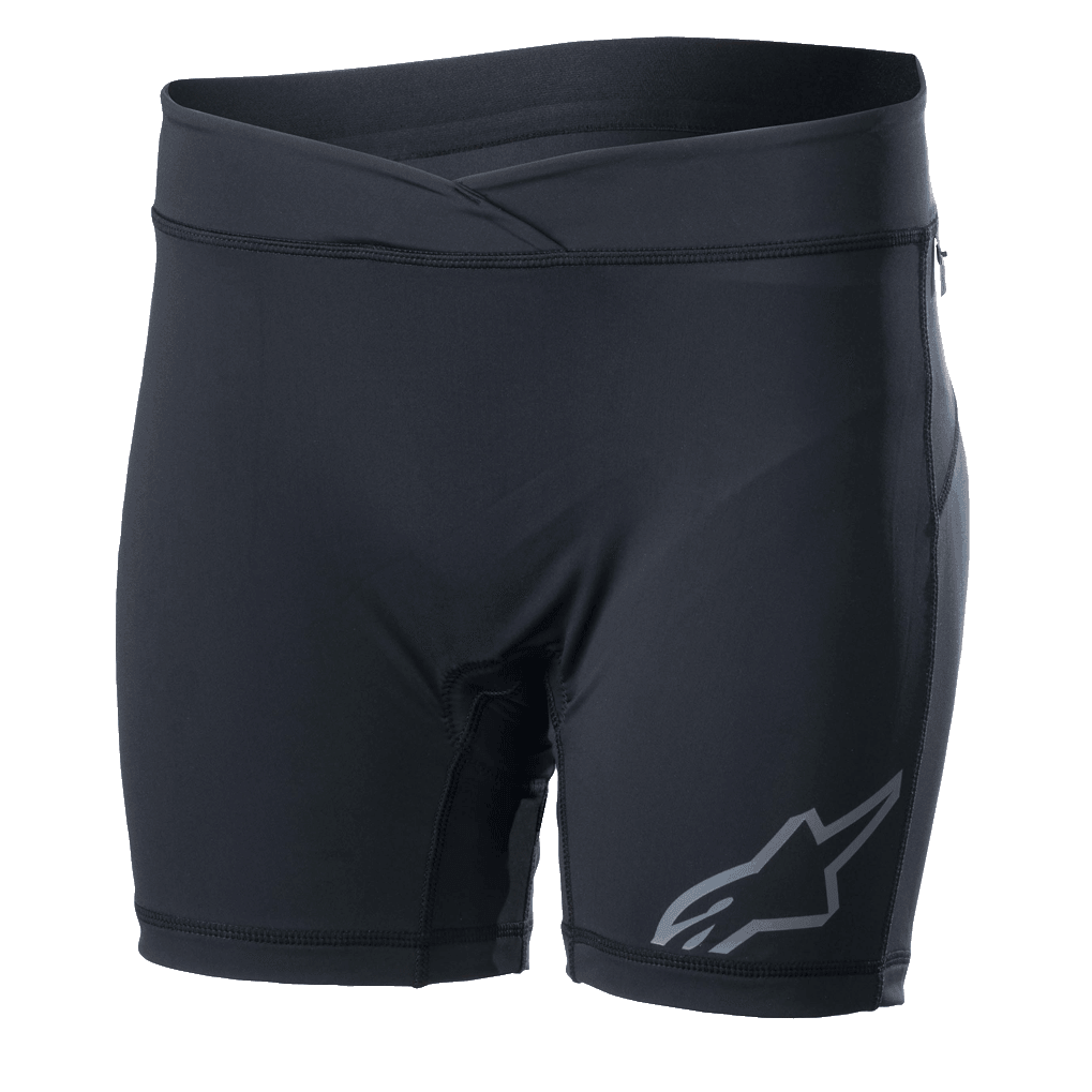 Alpinestars Women Stella Drop Inner Shorts, Black cycling base layer, form-fitting compression shorts with a crossover waistband, gray Alpinestars logo on the leg, moisture-wicking stretch fabric for MTB and Enduro