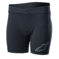 Alpinestars Women Stella Drop Inner Shorts, Black cycling base layer, form-fitting compression shorts with a crossover waistband, gray Alpinestars logo on the leg, moisture-wicking stretch fabric for MTB and Enduro