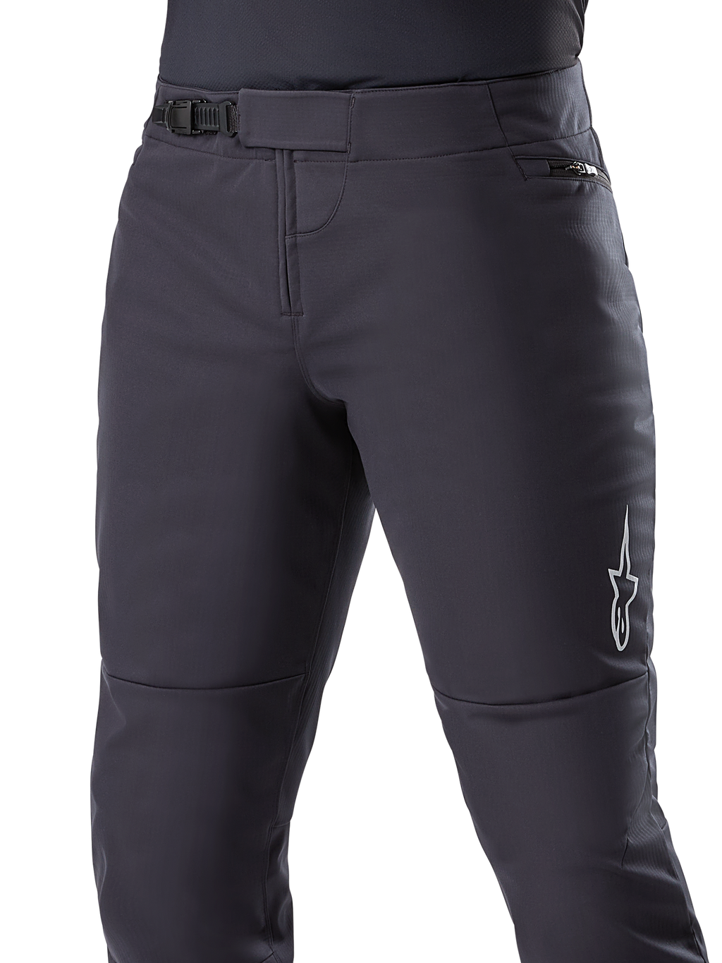 Alpinestars A-Dura Thermal bukser, sorte MTB-bukser, med en sikker skraldelukning i taljen og lynlåslomme ved hoften, hvidt stjernelogo på siden, forbuet form for kørekomfort, holdbart termomateriale til cykling i koldt vejr