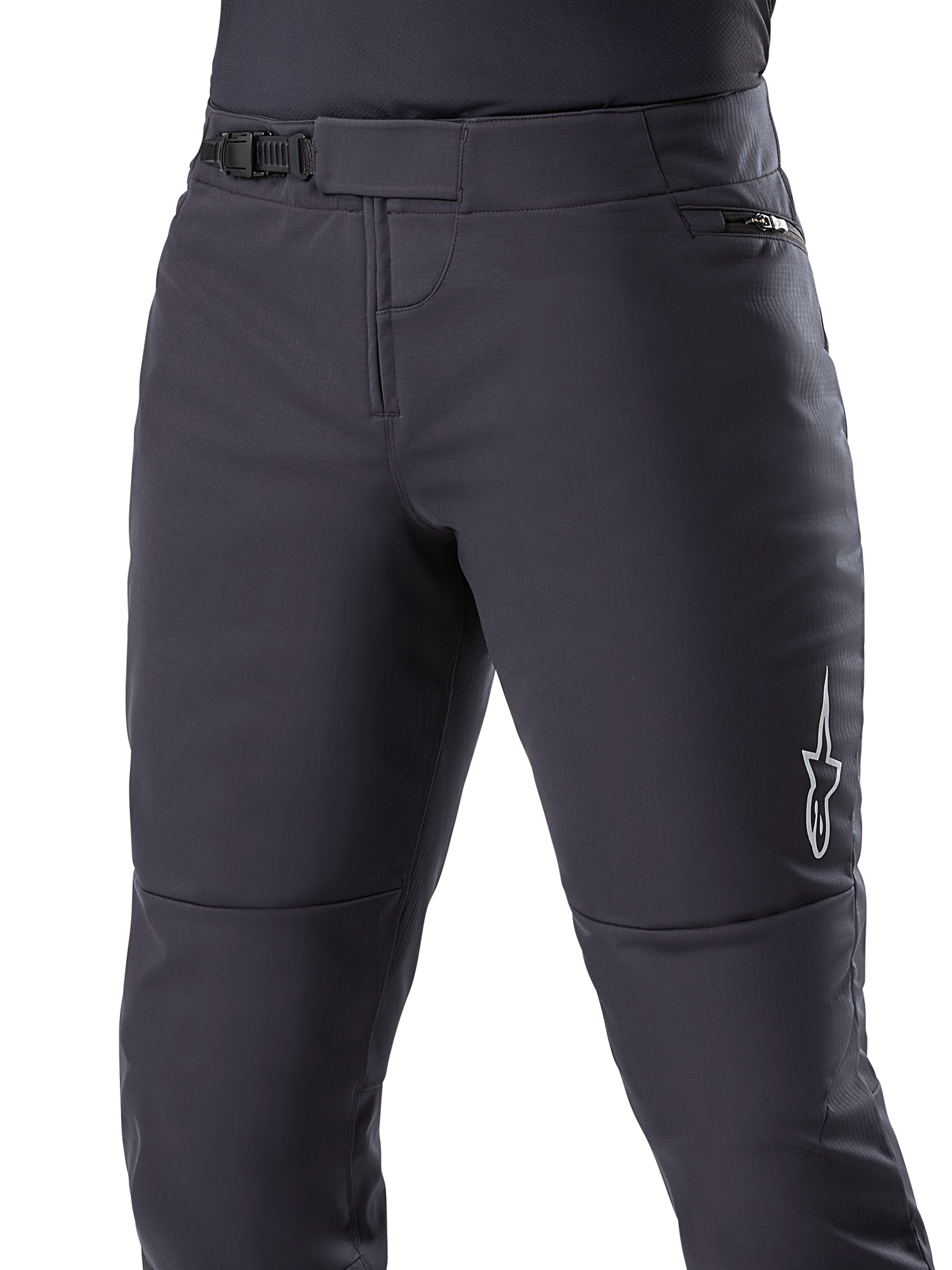 Alpinestars A-Dura Thermal bukser, sorte MTB-bukser, med en sikker skraldelukning i taljen og lynlåslomme ved hoften, hvidt stjernelogo på siden, forbuet form for kørekomfort, holdbart termomateriale til cykling i koldt vejr
