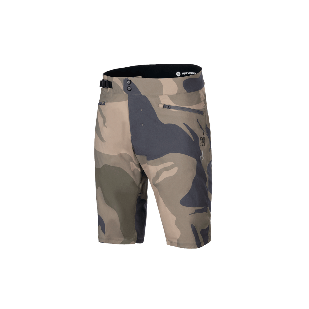 Alpinestars A-Dura Camo Liner Shorts, herre MTB-shorts, brun og camouflage, holdbart 2-vejs stretchstof med lynlåslommer og justerbar talje