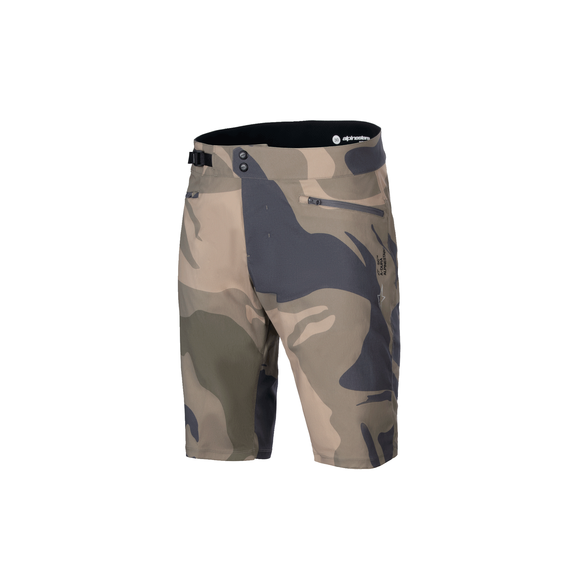 Alpinestars A-Dura Camo Liner Shorts, herre MTB-shorts, brun og camouflage, holdbart 2-vejs stretchstof med lynlåslommer og justerbar talje