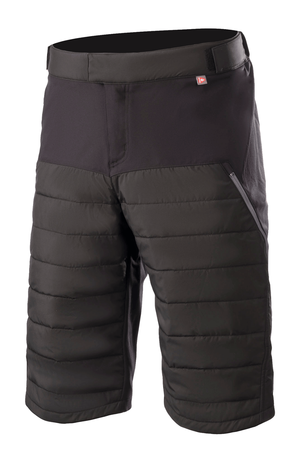 Alpinestars Denali 2 Shorts, Mountain Bike Shorts, Black Grisaille, featuring quilted Primaloft insulation panels, zippered side pocket, and adjustable waist, knee-length durable textile for MTB