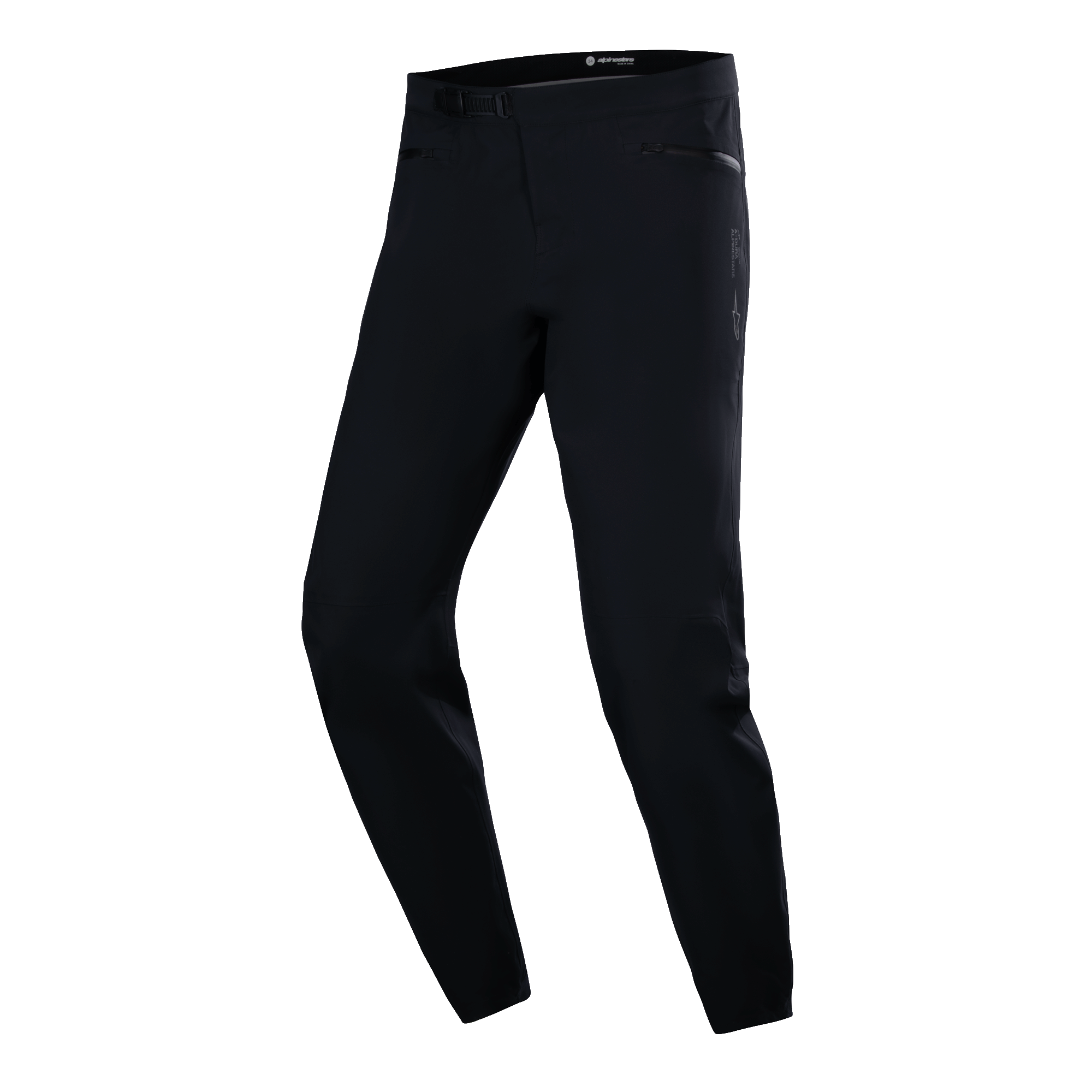 Alpinestars A-Dura vandtætte bukser, MTB-cykelbukser, sorte, teknisk slim-fit design med lynlåslommer i siderne og ratchet-spænde i taljen, glat vandtæt stof, minimalistisk performance-udstyr til mountainbiking