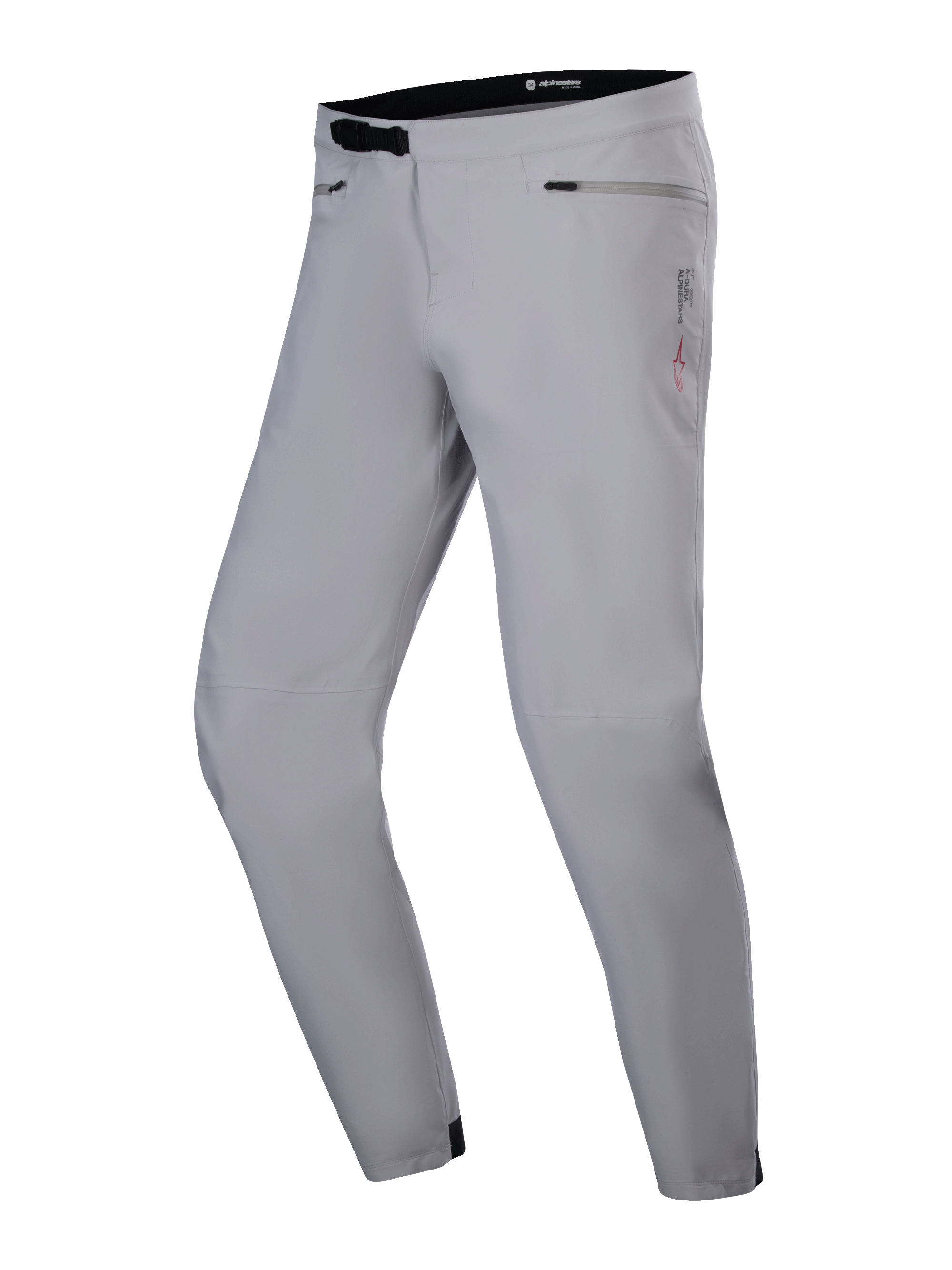 Alpinestars A-Dura Vandtætte bukser, MTB-bukser, titaniumgrå, med sort rachet-taljelukning, lynlåslommer ved hoften og tapered ben, holdbart vandtæt design til mountainbiking.